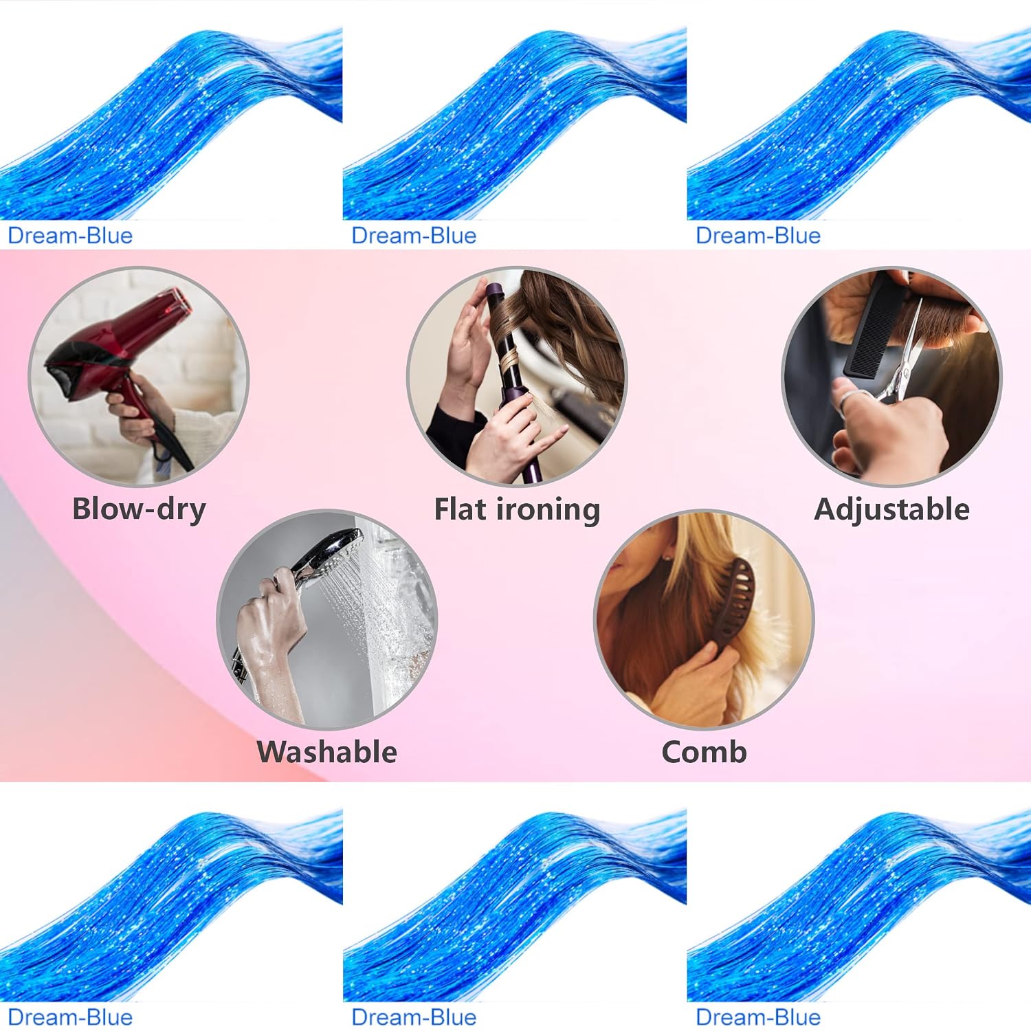 Dream Blue Hair Tinsel Kit with Tools and Instruction Easy to Use 1200 Strands 48 Inches Glitter Tinsel Hair Extensions for Women and Girls, Sparkling Shinny Fairy Hair Accessories for Christmas New Year Halloween Cosplay Party thumbnail
