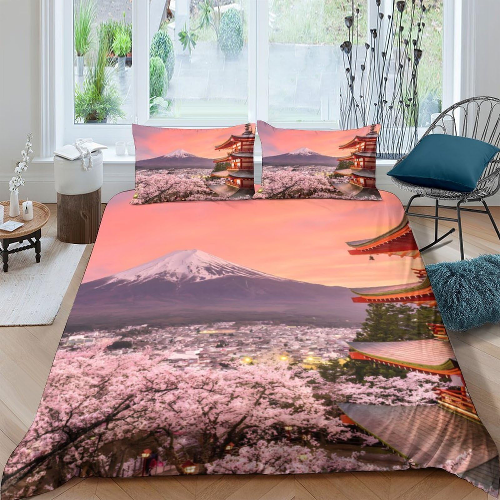 Ctjqhvkz Style-9 3D Printed Sakura Fuji Fitted Sheet Microfiber Soft Peach Sunset Pagoda Mattress Cover For Bedroom Decor Protection Single（135X200cm）