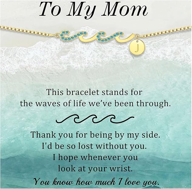 Dainty Gold Bracelet with Initials, Gifts for Women Initial Bracelets for Women Mom Gift Teen Gifts Trendy Stuff Wave Bracelet Grandma Graduation Gifts for Her 2025 Daughter Friend Letter A-Z Birthday Christmas Jewelry
