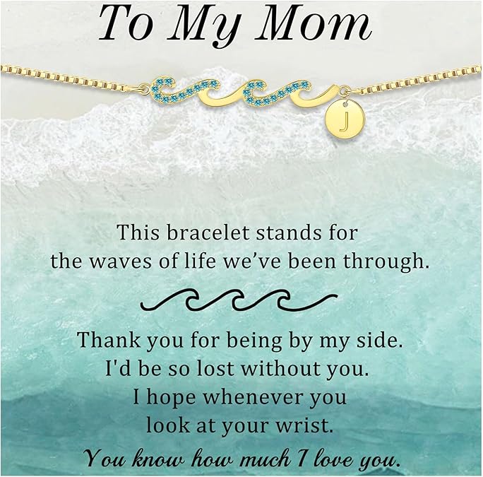 Dainty Gold Bracelet with Initials, Gifts for Women Initial Bracelets for Women Mom Gift Teen Gifts Trendy Stuff Wave Bracelet Grandma Graduation Gifts for Her 2025 Daughter Friend Letter A-Z Birthday Christmas Jewelry