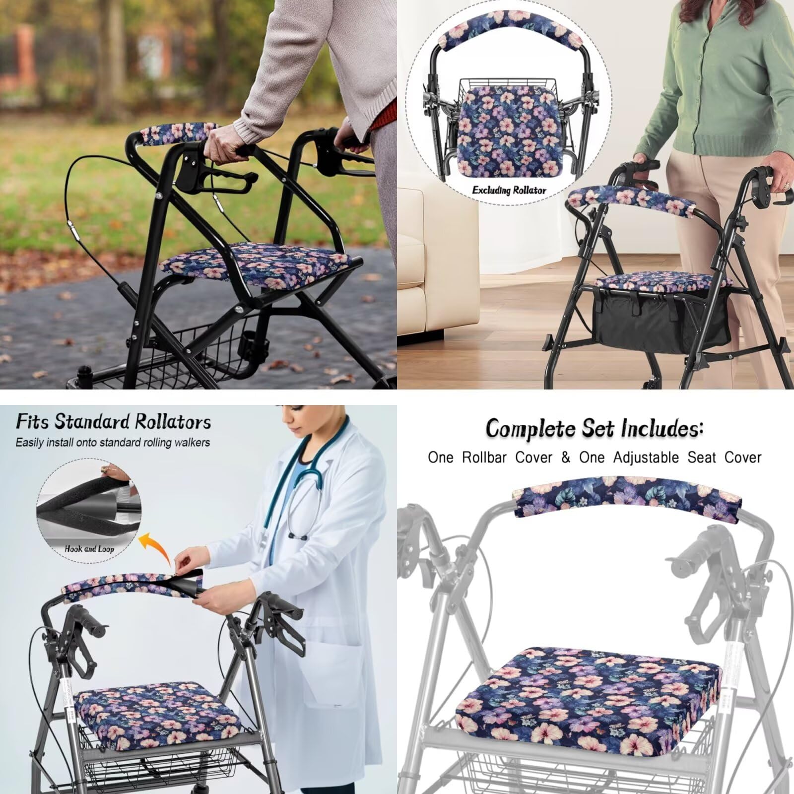 Vanideaoty Pink Flower Walker Accessories Includes Seat Cover and Bar Cover Rollator Basket Walker Set of 2 for Seniors Walker Accessories Home Gifts