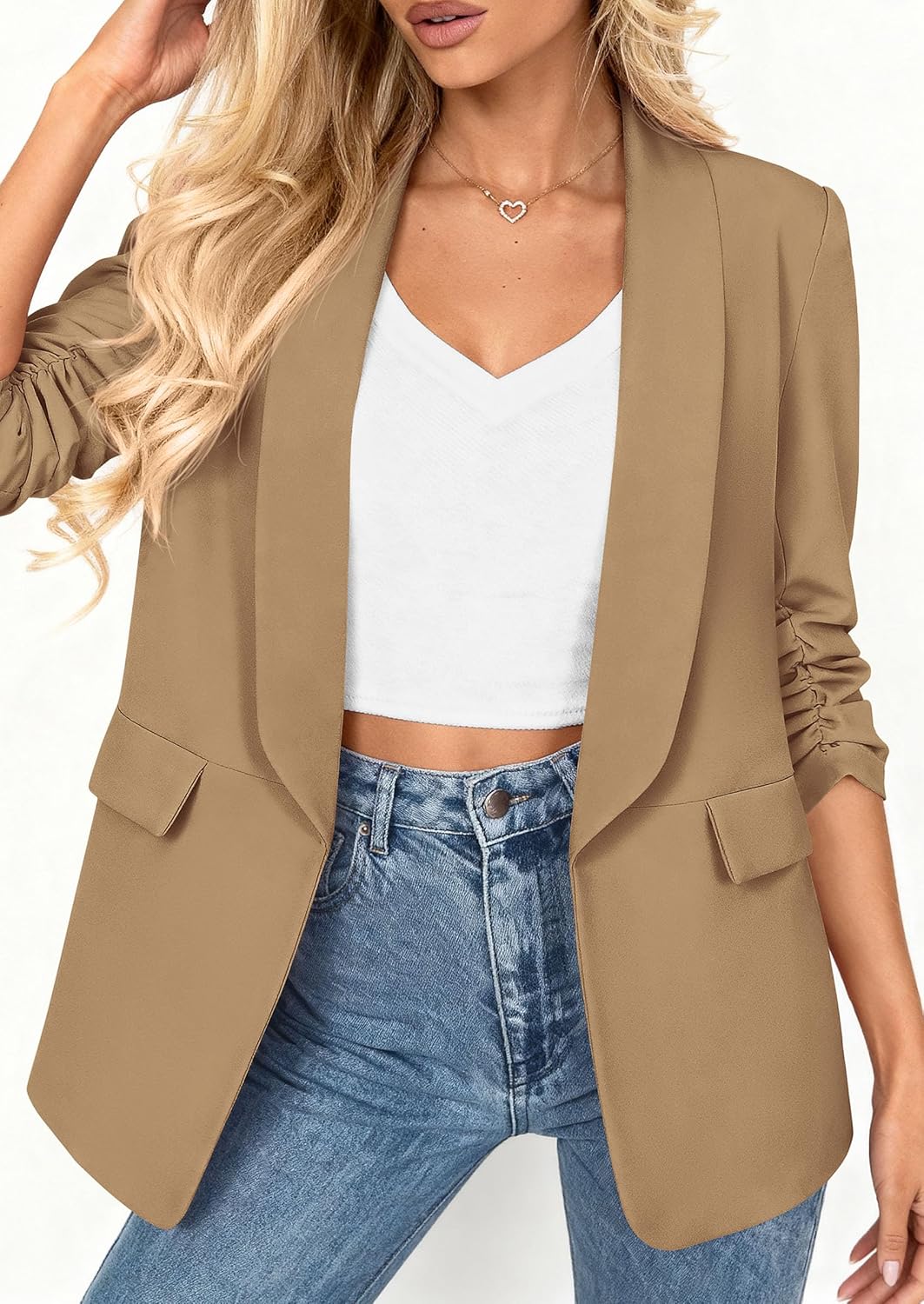 PRETTYGARDEN Women's 2026 Spring Blazers Business Casual Outfits Open Front Ruched 3/4 Sleeve Lightweight Work Suits Jackets - Image 5