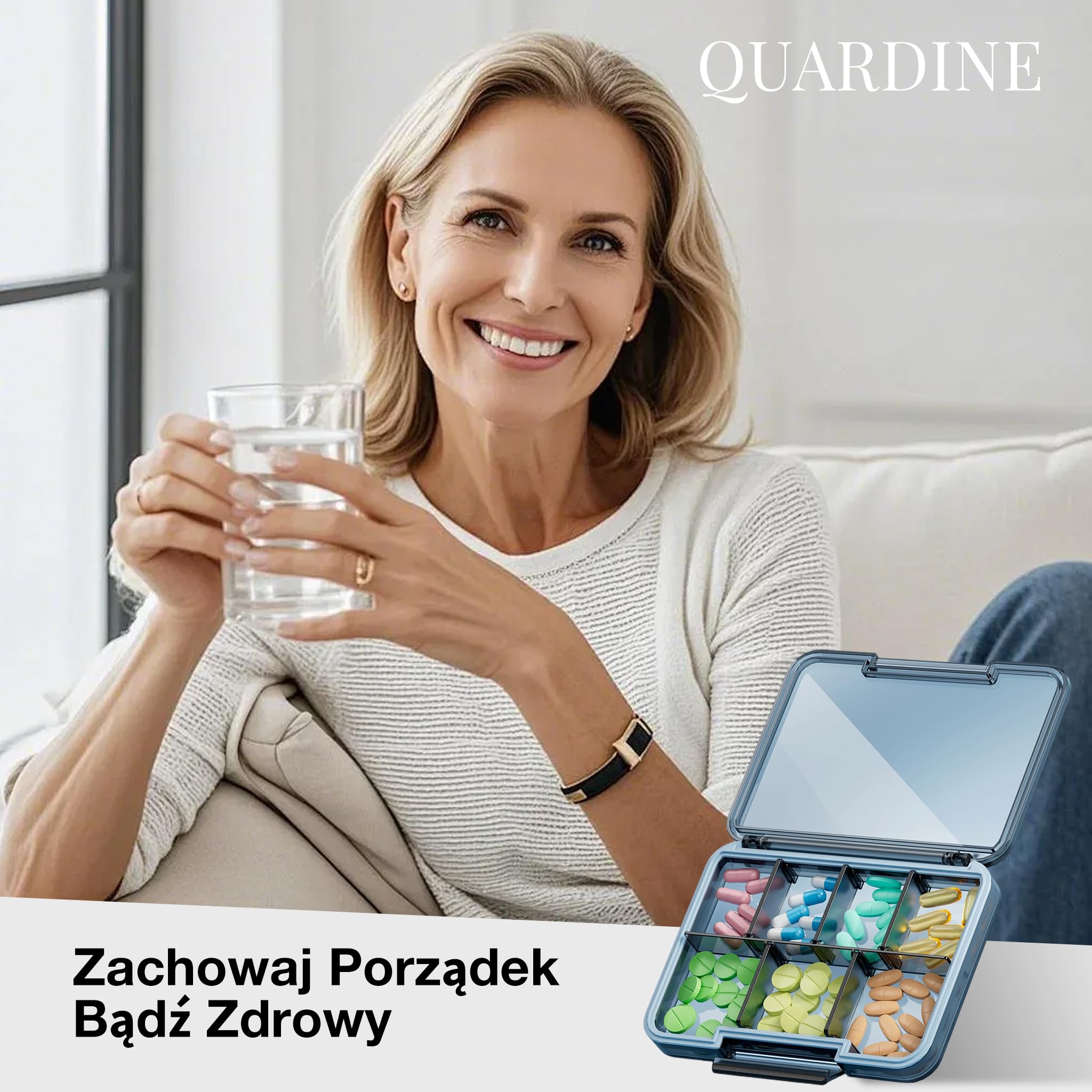 Ultra Cienki Organizer na Tabletki QUARDINE, Etui do Torebki z Wyjmowanymi Przegrodami i Silikonową Uszczelką Chroniącą Przed Wilgocią, Przenośna Podróżna Pudełko na Leki z 7 Komorami (Różowy)
