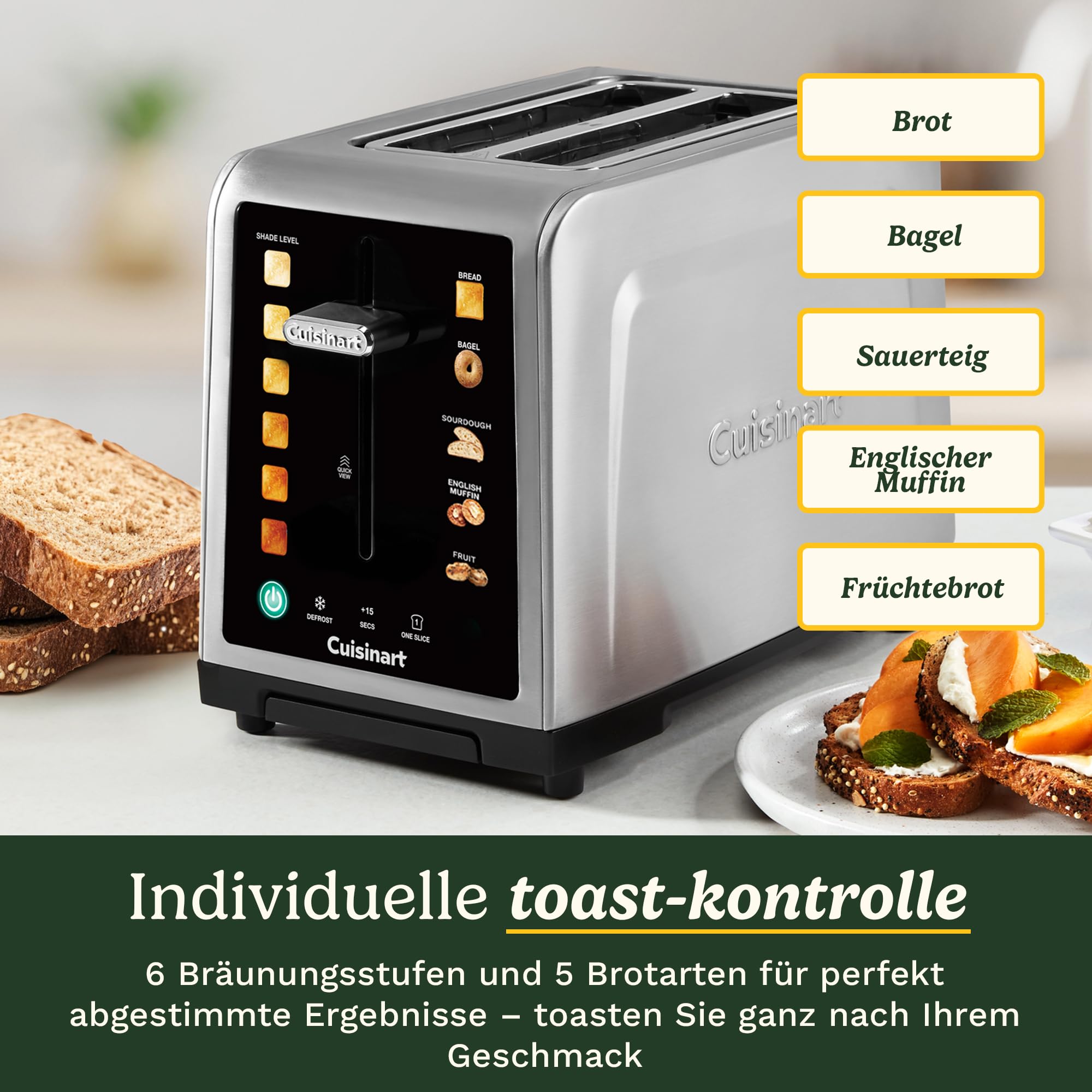 Cuisinart SimpliTouch XL Farb-Touchscreen 2-Scheiben-Toaster | Extra-große Schlitze | Farb-Touchscreen-Display | High-Lift QuickView™ | Brot-, Bagel-, Sauerteig-, Muffin- & Früchtebrot-