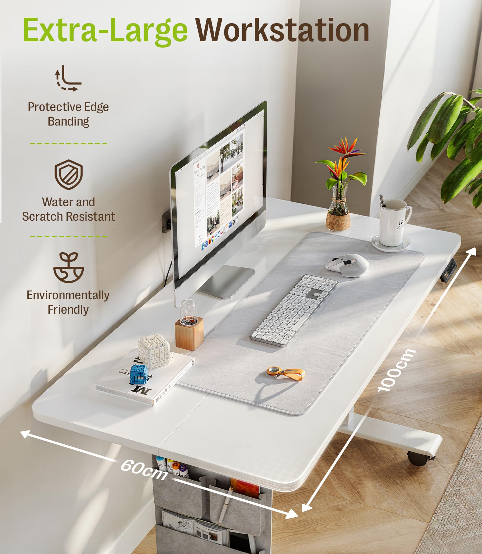 MAIDeSITe Elektrischer höhenverstellbarer Schreibtisch, 100 × 60 cm Sitz-Steh-Schreibtisch mit Kabelwanne, Haken und Aufbewahrungstaschen, Stehpult mit Speichersteuerung für Homeoffice
