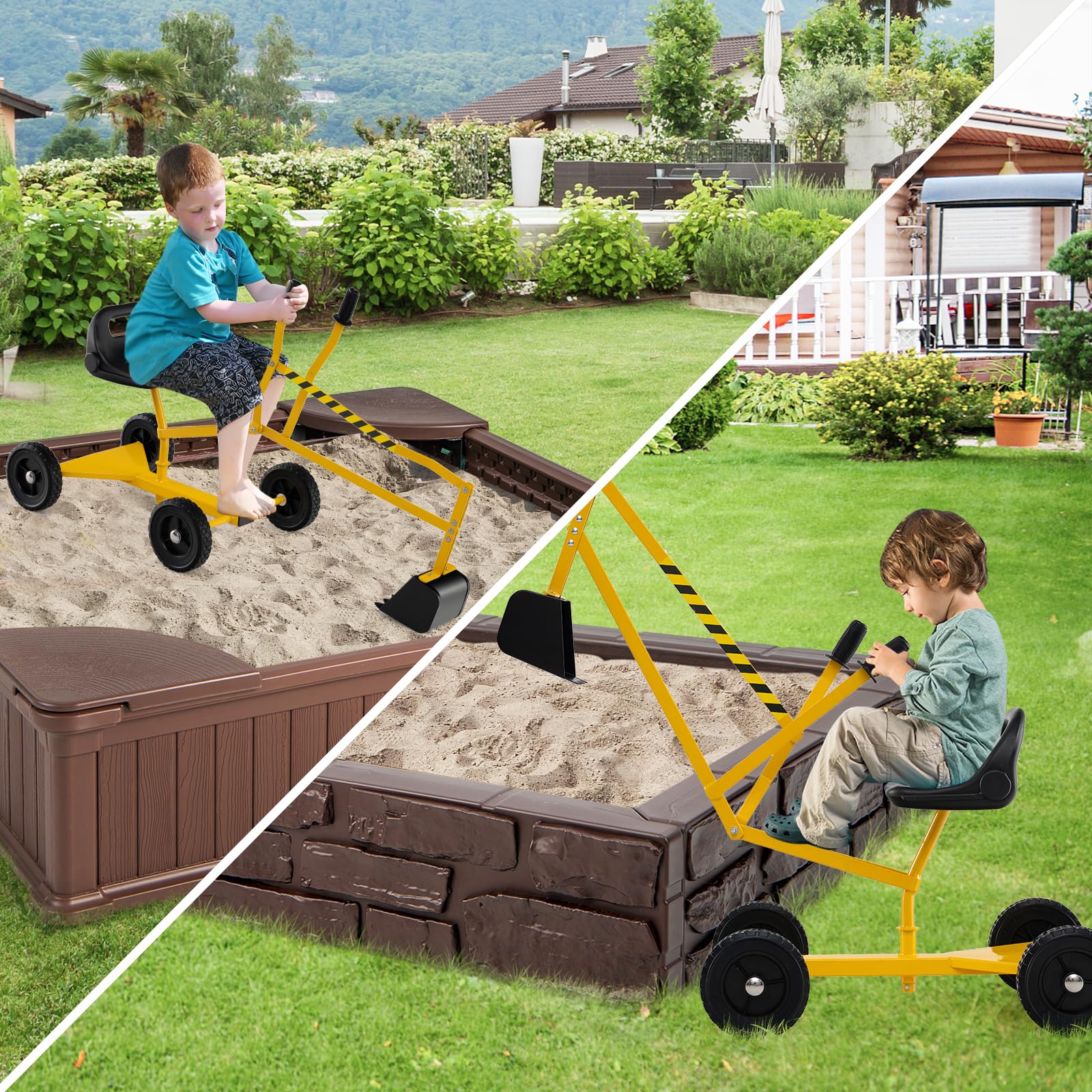 COSTWAY Pelleteuse Enfant avec Siège Pivotant à 360°& Pelle, Tractopelle pour Bac à Sable avec Cadre Métal & 4 Roues, Jouet Pelleteuse Excavatrice Manuelle pour Sable Terre Neige, 3 Ans+
