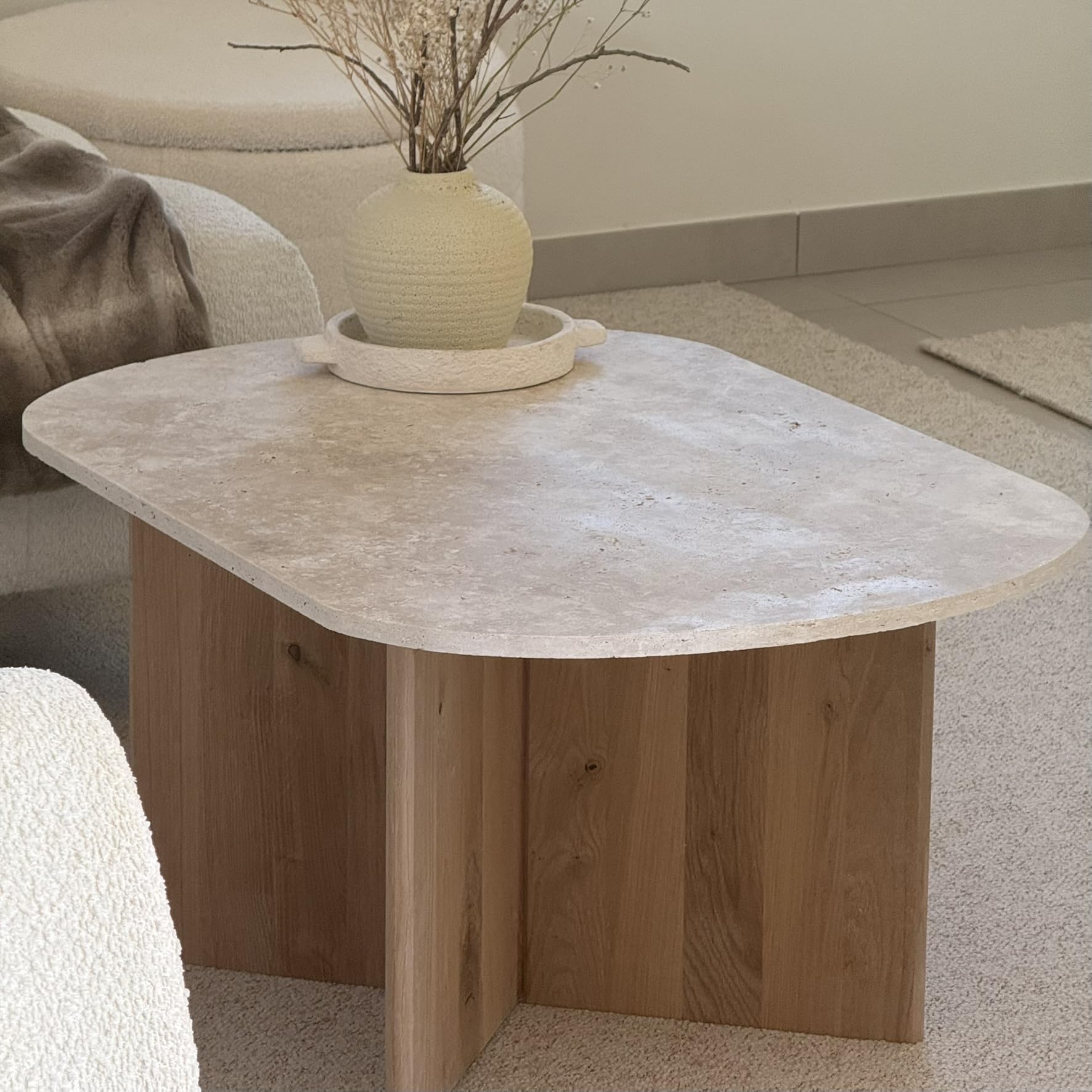 Table Basse Ovale Véritable travertin et chêne Brut (Table Seule)