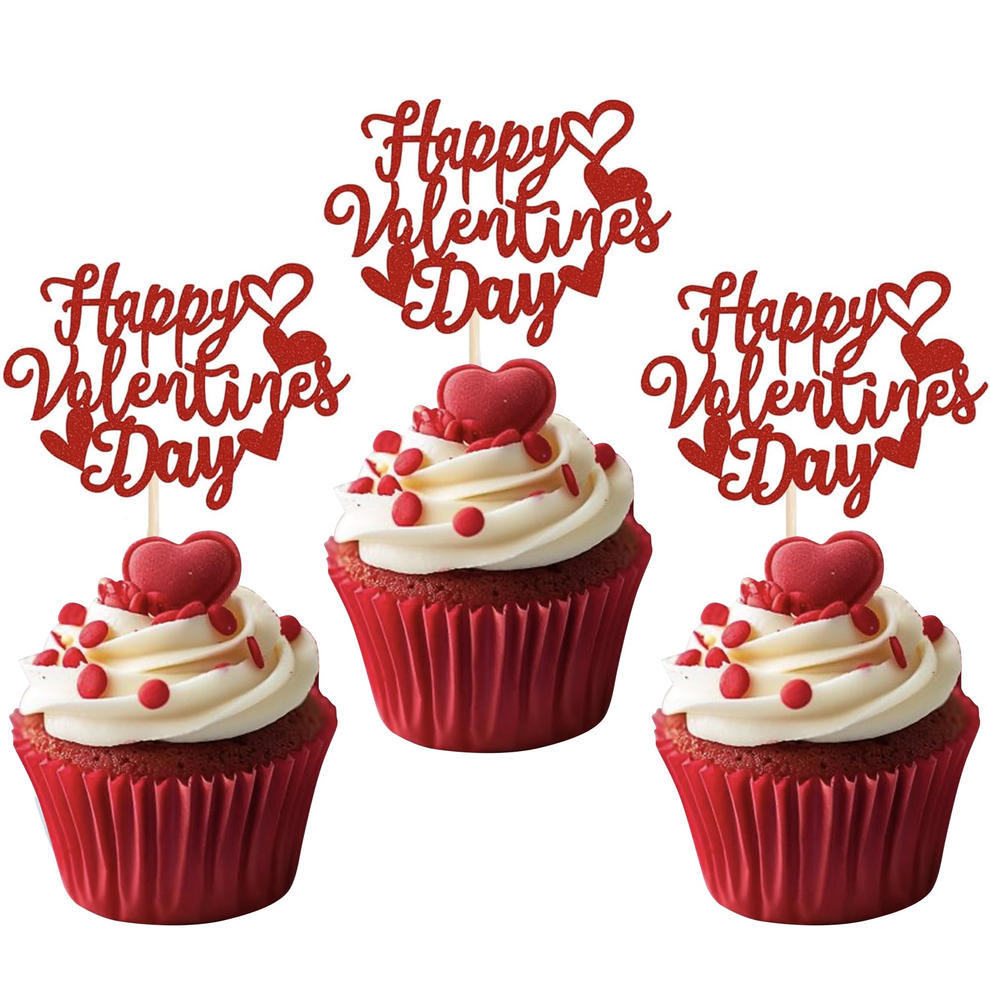 SYKYCTCY 24 Pack Happy Valentine's Day Cupcake Toppers Heart Glitter Sweet Love Theme Valentine's Day Cupcake Food Picks Birthday Party Cake Decorations Supplies Red