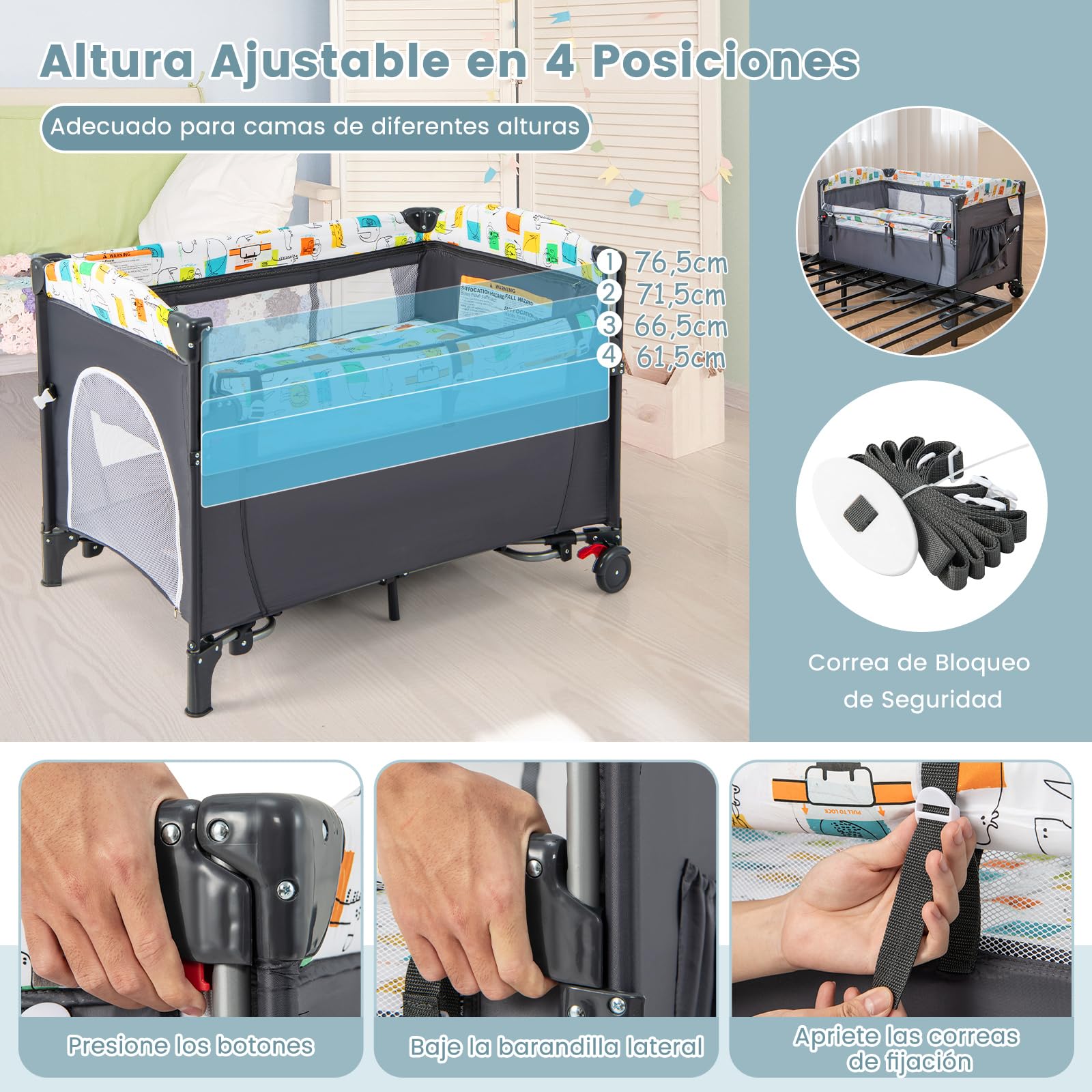 GOPLUS Cuna de Viaje Bebe 5 en 1 con Cambiador, Colchón, Juguetes Colgantes, Caja de Música, Altura Ajustable, Ruedas, Centro de Actividad, Cama Plegable para Bebé 0-3 Años, Carga 15 kg (Gris)