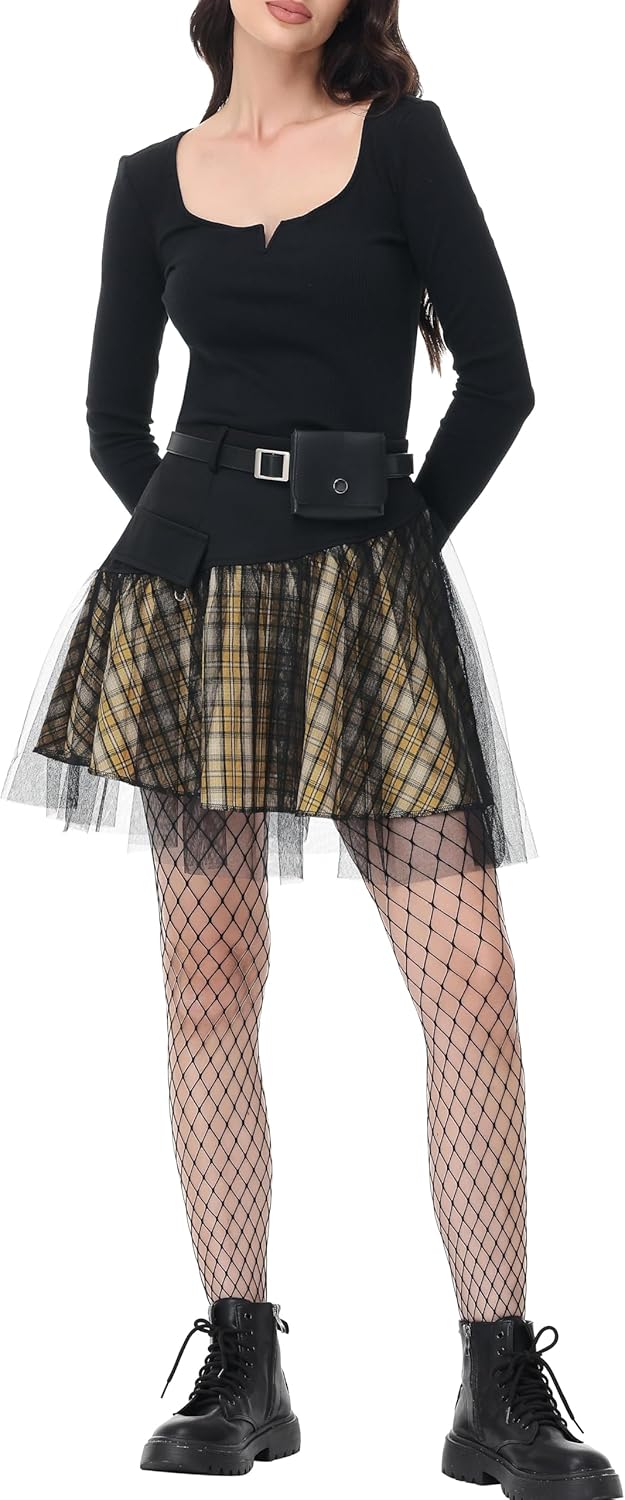 PUNK RAVE DAILY Women Gothic Skirts Women Goth Mini Plaid Skirt with Tulle Punk Dunk High Waist A-Line Party Skirt