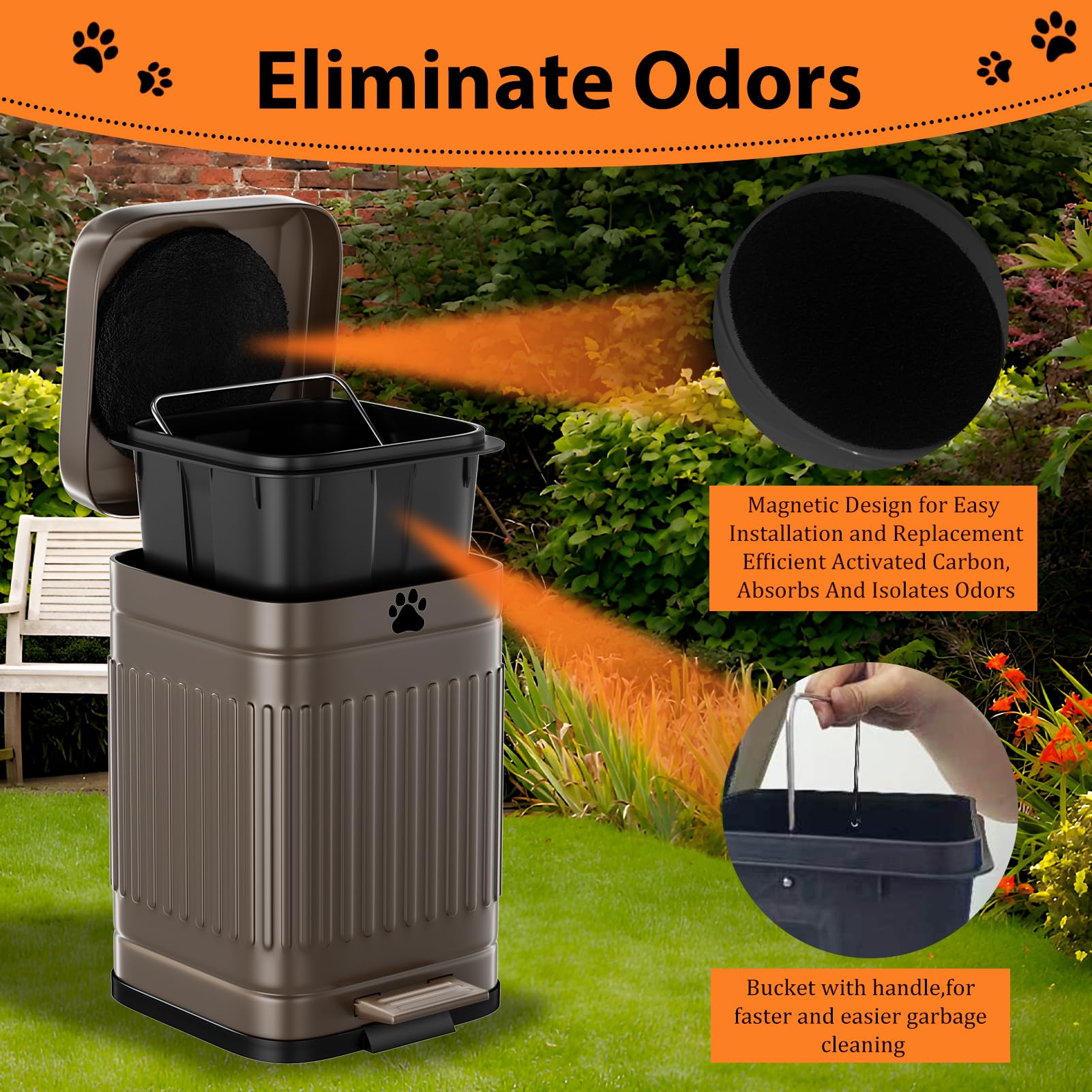 Bote de basura para excrementos de perro en el exterior, cubo de basura de metal para exteriores con tapa, pedal de pie, cubo de basura para perros con 40 bolsas de basura para perros, cubo