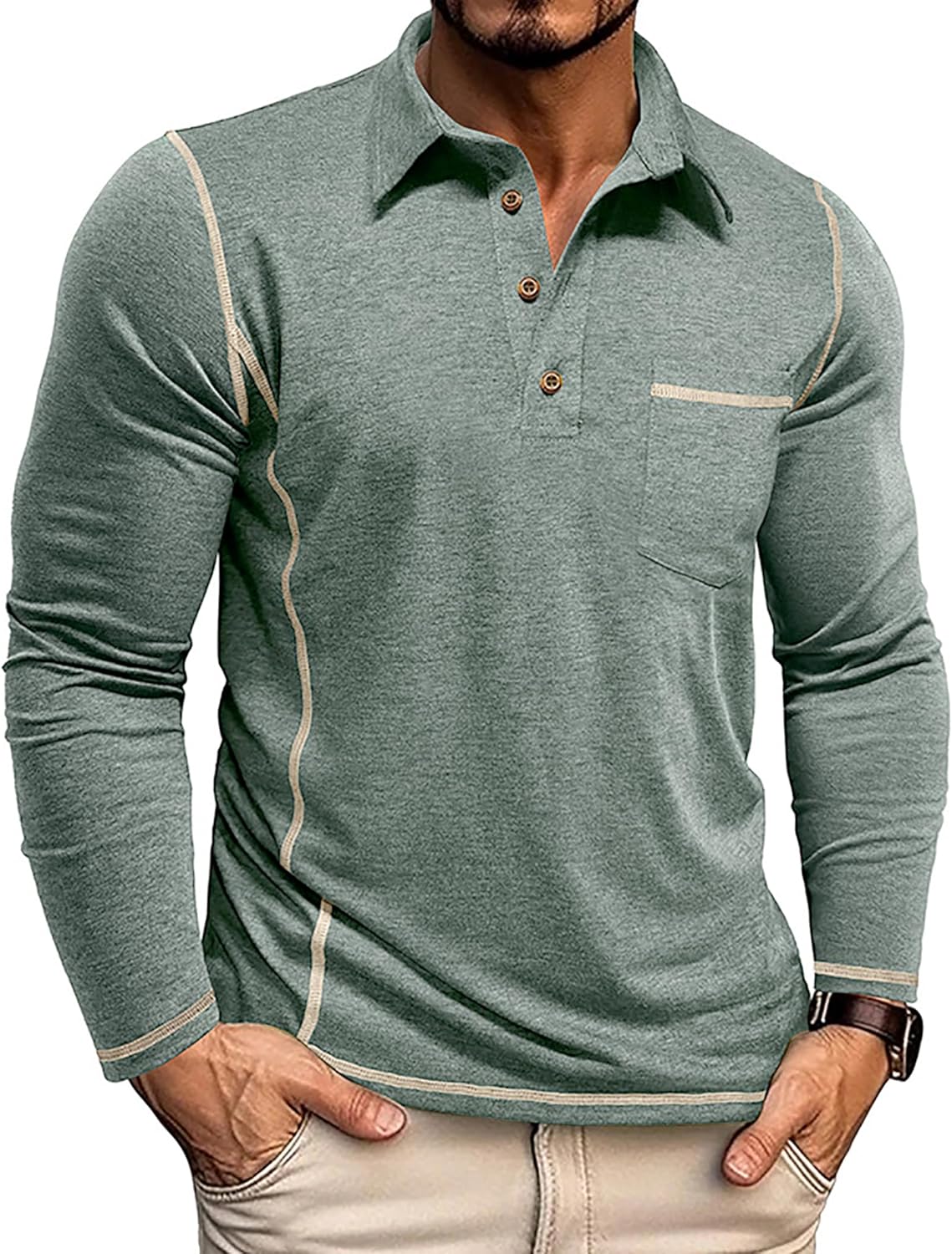 Mens Long Sleeve Polo Shirt Casual Collared Golf T-Shirt Classic Button Lightweigt Pullover Shirts with Pocket