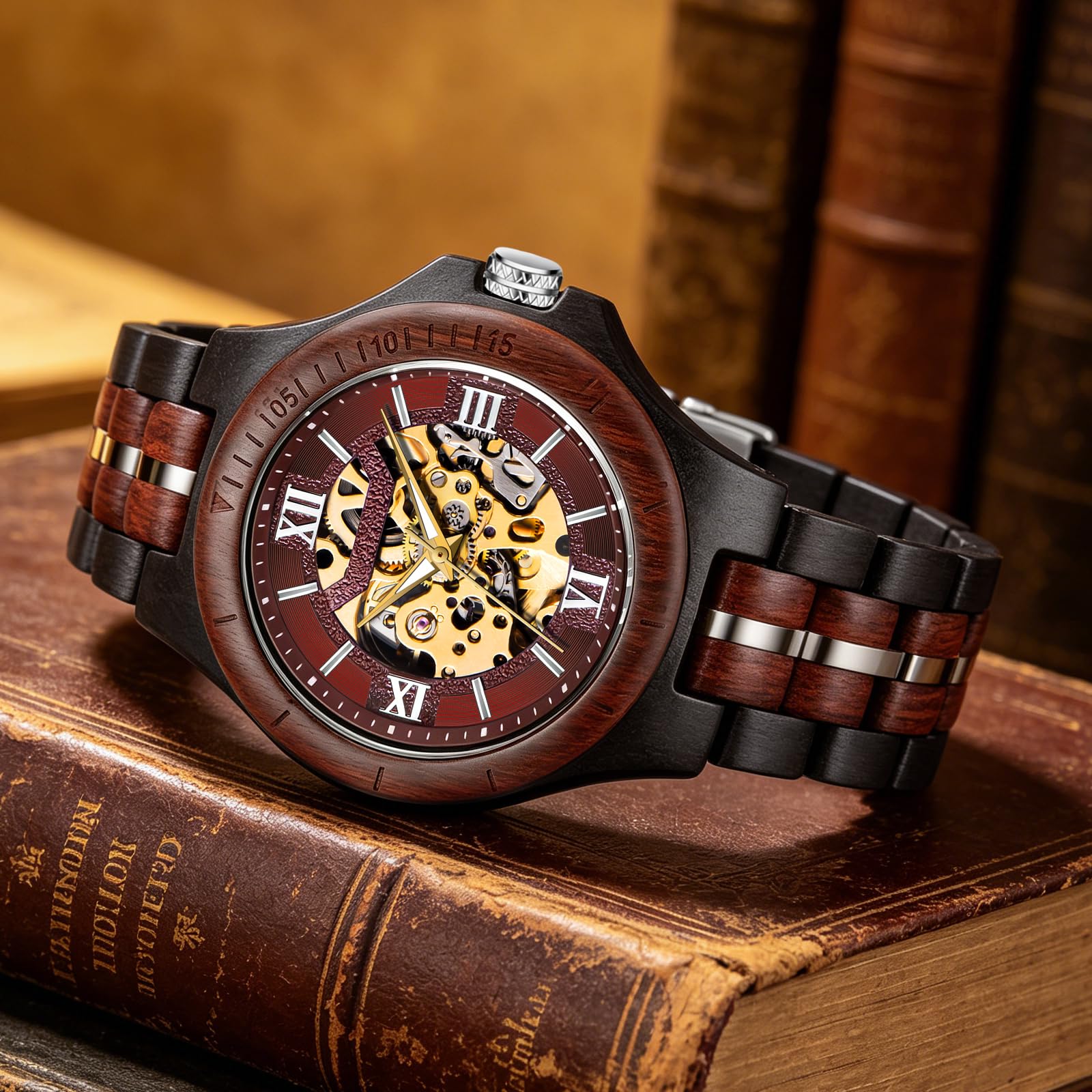 Tiong Orologio meccanico da uomo, in legno, di lusso, automatico, leggero, con cinturino in legno, con confezione regalo (W51108-rosso nero)