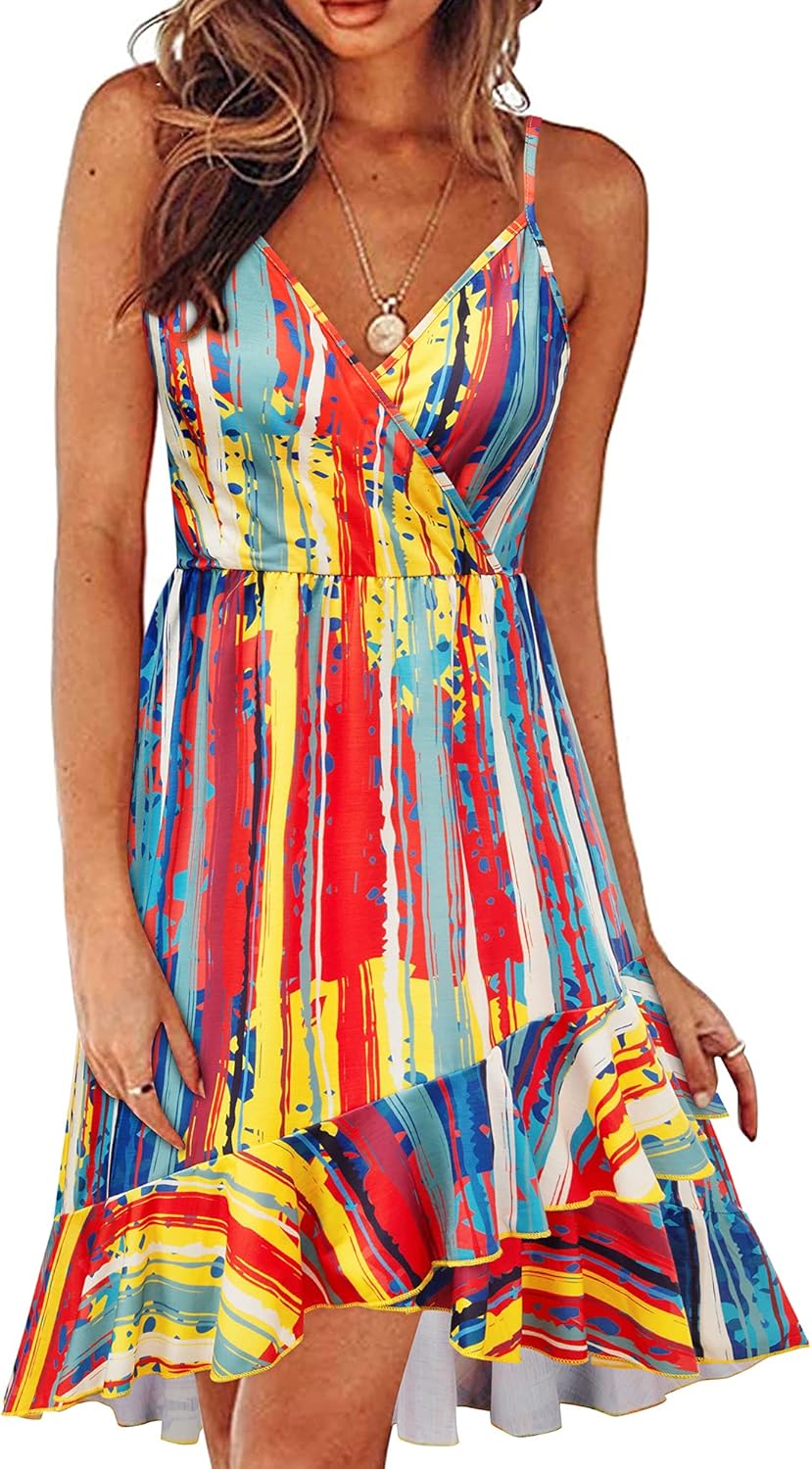 ULTRANICE Womens Summer Dresses 2023 Wrap V Neck Adjustable Spaghetti Ruffle Casual Dress
