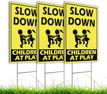 Set of 3 Street Safety Signs with Stakes 12x8 Inch - Attention Kids Playing Road Plastic Sign Double Sided - Caution and Slow Kids Playing Standing Plastic Sign - Kids in Play Safety Signs