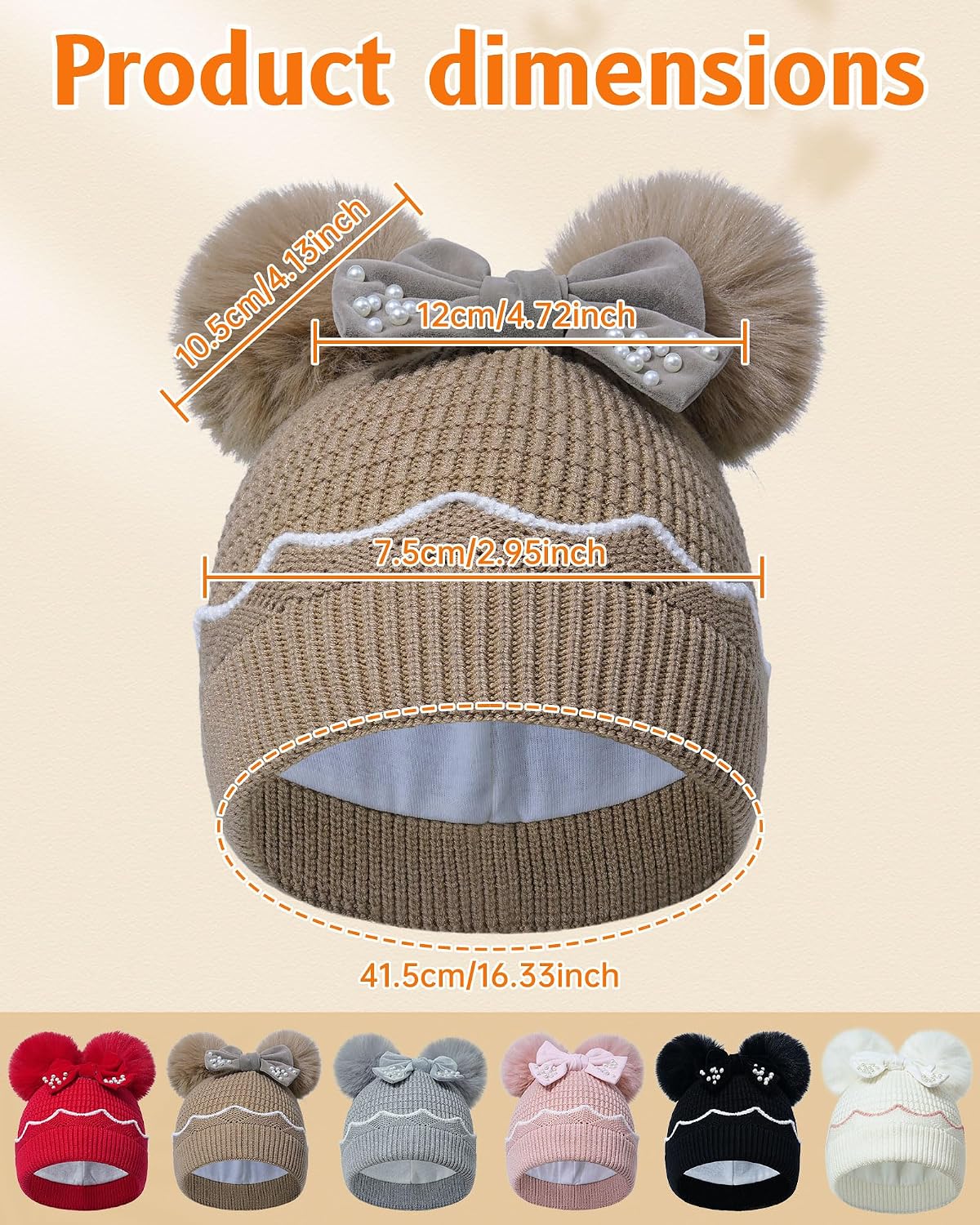 Winter Hat for Girls Kids, Girls Beanie Cap Pearl Bow Double Pom Pom Warm Fleece Lined, Toddler Knit Cap
