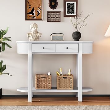 Retro White 40" Console Table with 2 Storage Drawers and Shelf,Oval-Shaped Wood Entryway Table Sofa Table Behind Couch,for Living Room,Entryway,Hallway,Foyer
