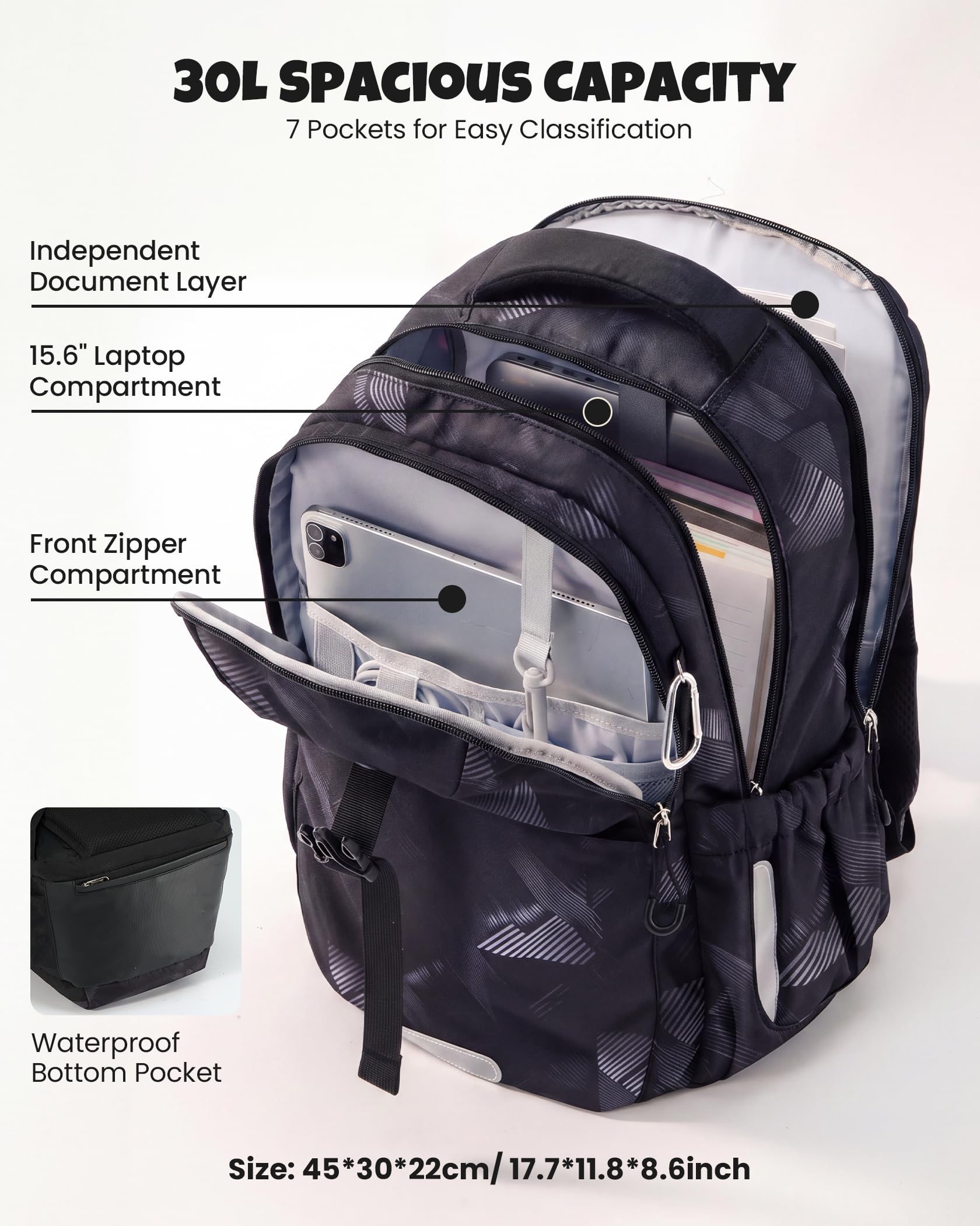 Amythe Zaino Adolescente Ragazzo Cintura Rimovibile | Zaino Ergonomico 30L Impermeabile Cintura Rimovibile Bande Riflettenti Copertura