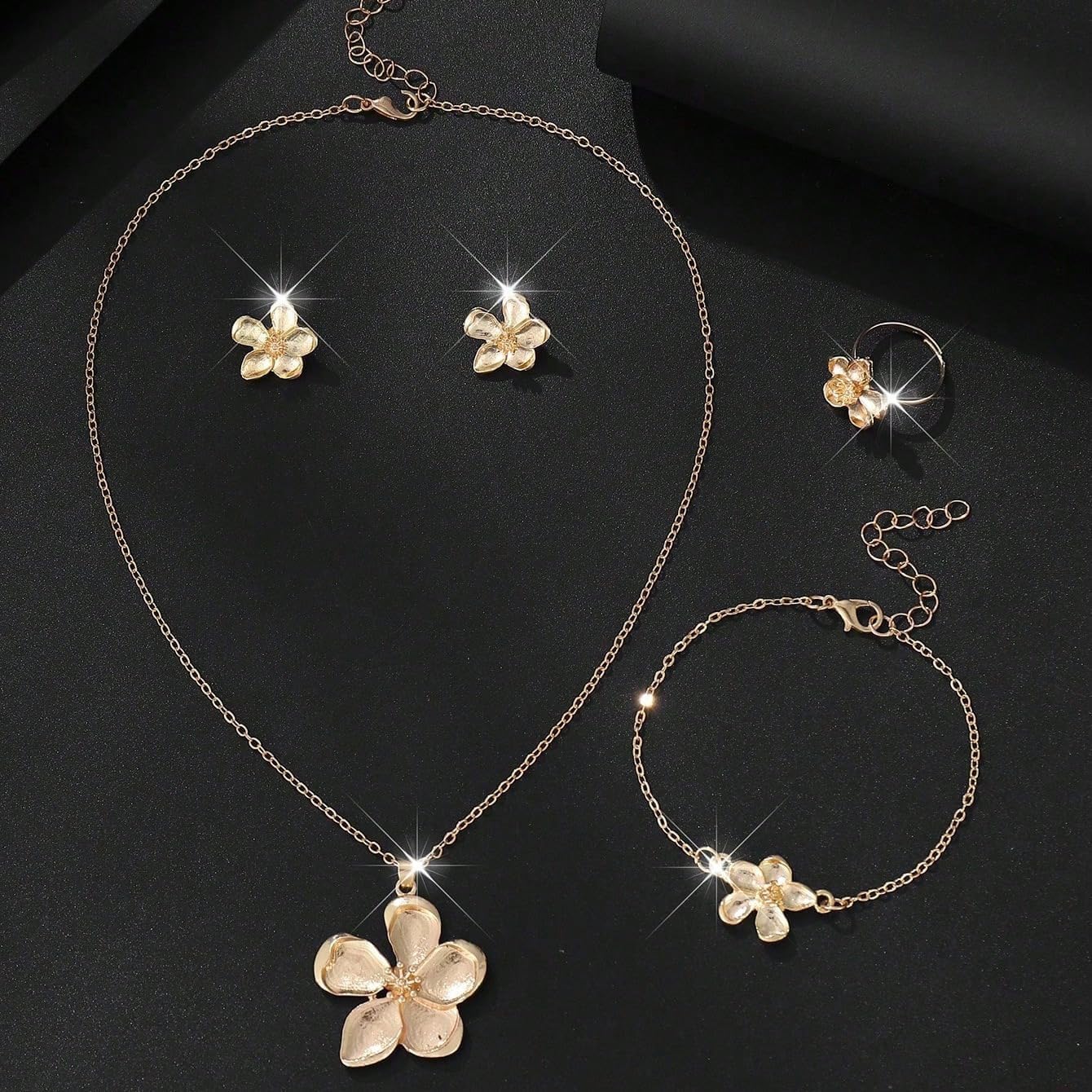 4 Pcs Flower Pendant Necklace Bracelet Earrings Ring for Women Gold Flower Jewelry Set Chunky Statement Flower Jewelry - Image 3