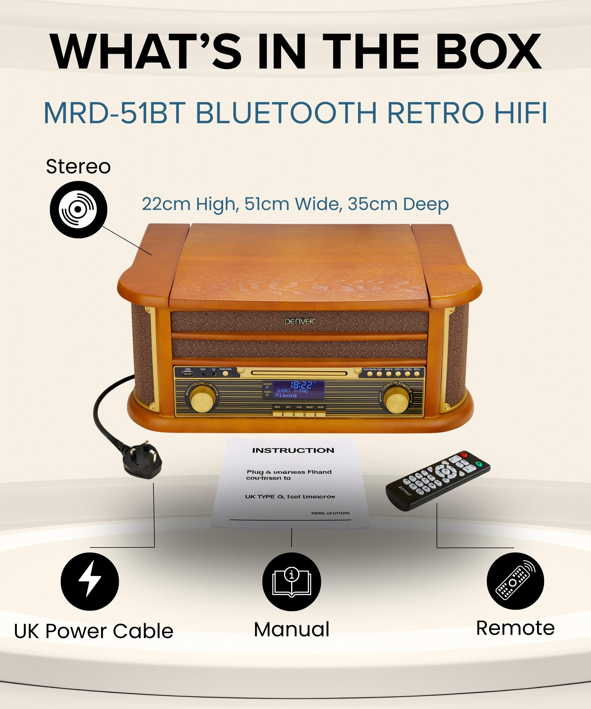Denver MRD-51BT MK2 Lecteur de disque radio Bluetooth 9 en 1 en bois avec haut-parleurs – Radio DAB+, FM, lecteur de cassette, lecteur CD, entrée auxiliaire, enregistrement MP3 USB, entrée auxiliaire