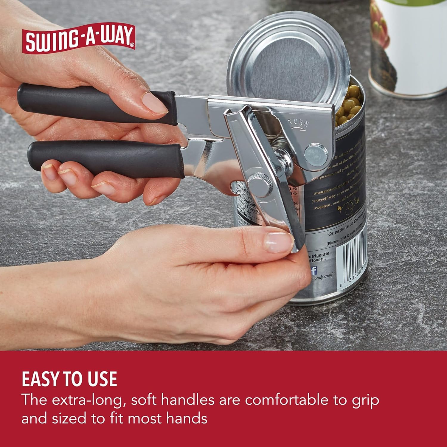 Swing-A-Way 8.6" Portable Can Opener with Sharp Blade, Manual Handheld, 2-in-1 Can & Bottle Opener, Made of Steel, Easy Turn Knob, Kitchen Essential for Cans, Bottles & Jars - 2-Pack (White & Black)