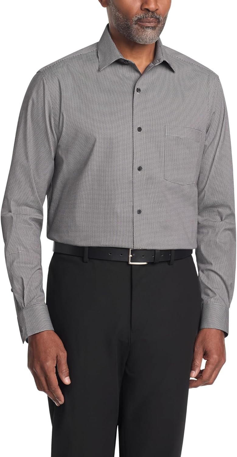 Van Heusen Men's Dress Shirt Regular Fit Ultra Wrinkle Free Flex Collar Stretch Check Black