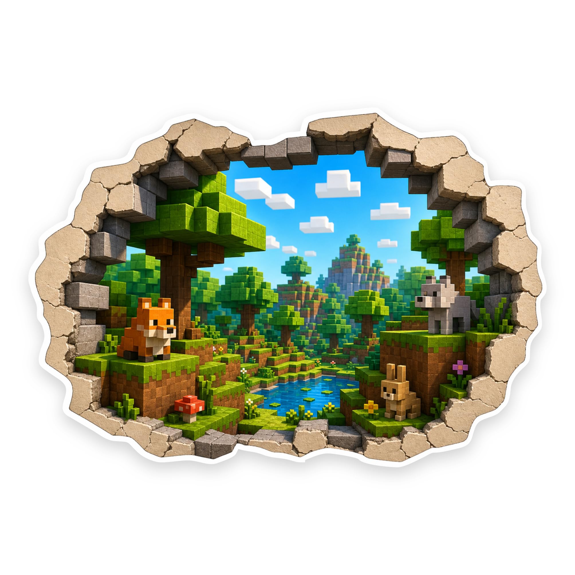 INKati Cube World Forest Contour-Cut Vinyl Wall Sticker, 30 x 20 cm - Glossy 3D Illusion Art Decal for Kids' Bedroom or Gaming Room