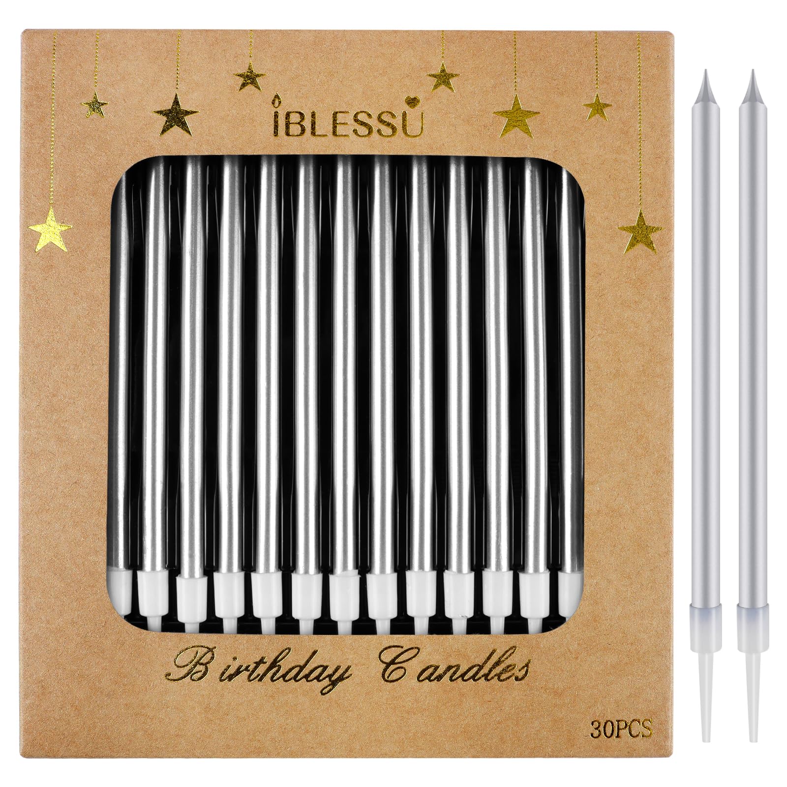 30 PCS Silver Long Birthday Candles, Thin Metallic Cake Candles, Tall Glitter Cuppcake Candles in Holders for Birthday Wedding Party Decorations