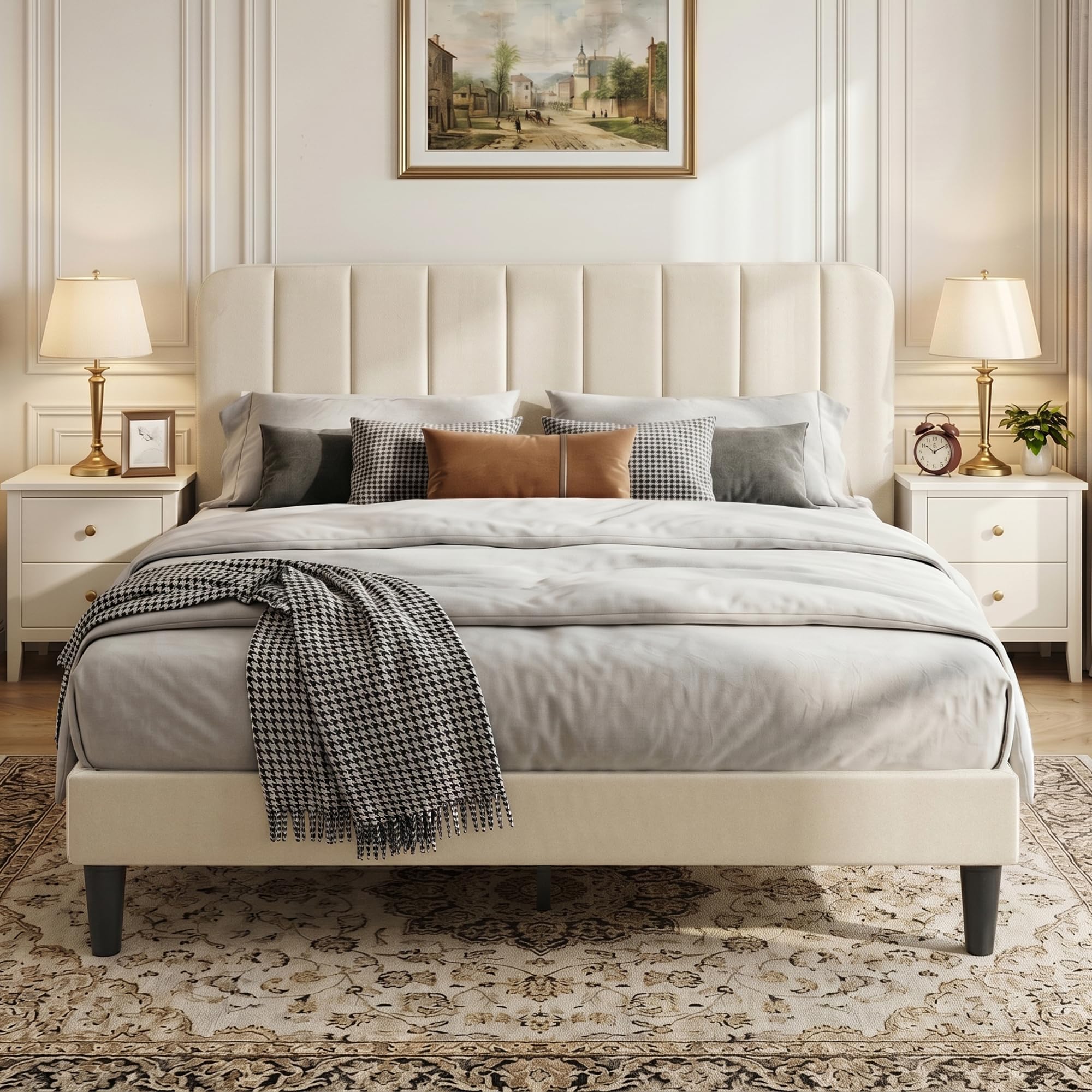 VECELO Upholstered Double Bed Frame with Velvet Headboard, 135 × 190 cm Platform Bed with Wooden Slats Support, Noise Free, No Box Spring Needed, Easy Assembly, Beige