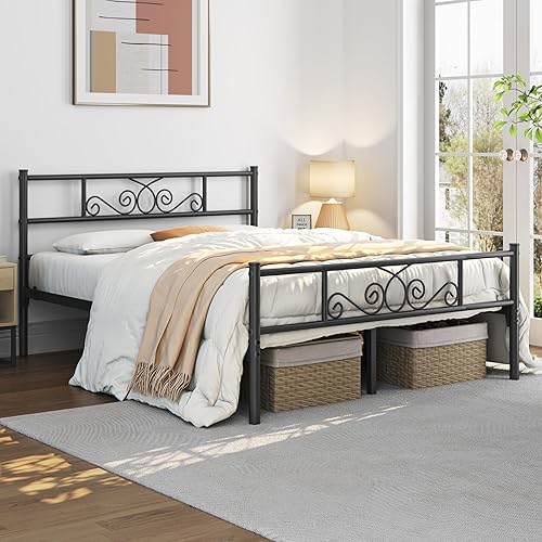 Miniatura 59 de Yaheetech - Base de cama, plataforma clásica de metal con cabecera y estribo - base de colchón con diseño floral para adultos, niñas, niños - Negro