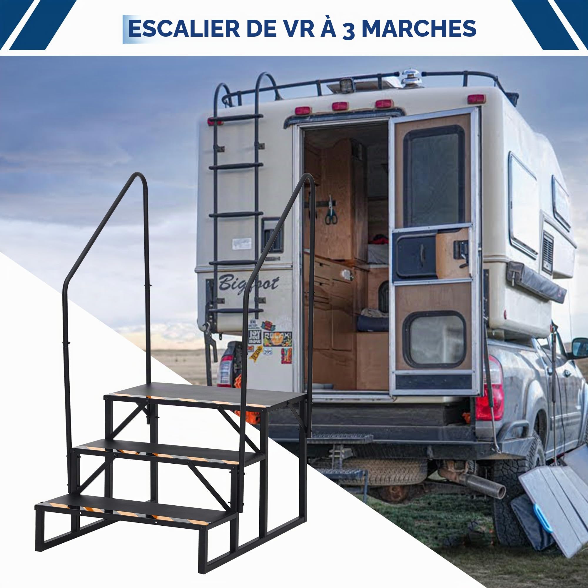 Marchepied extensionérieur pour Camping-Car, 3 marches bilatérales avec Main Courante – antidérapant, Robuste, supporte jusqu'à 300 kg, idéal Caravane, remorque, Spa, Porche, lit Haut –