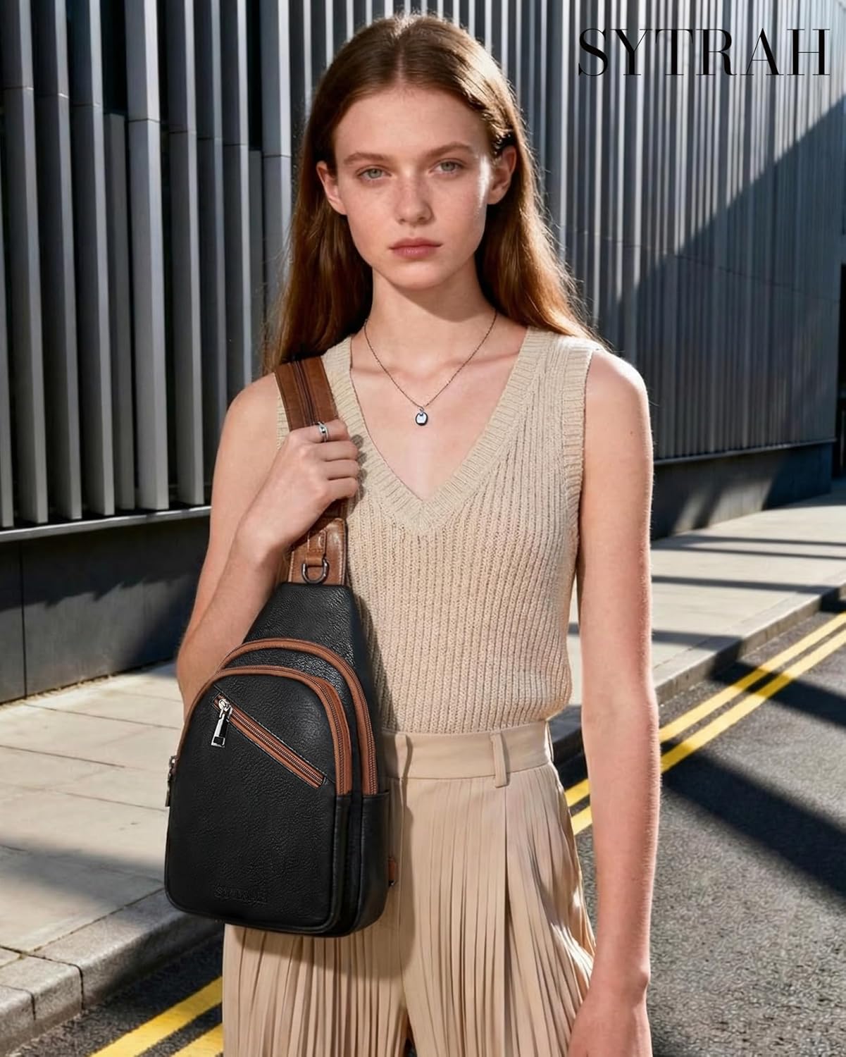 Sling Bag for Women, Crossbody Bags for Women Trendy Crossbody Purse Vegan Leather Sling Backpack Chest Bag with Dual Purpose Strap, Black Brown - Image 3