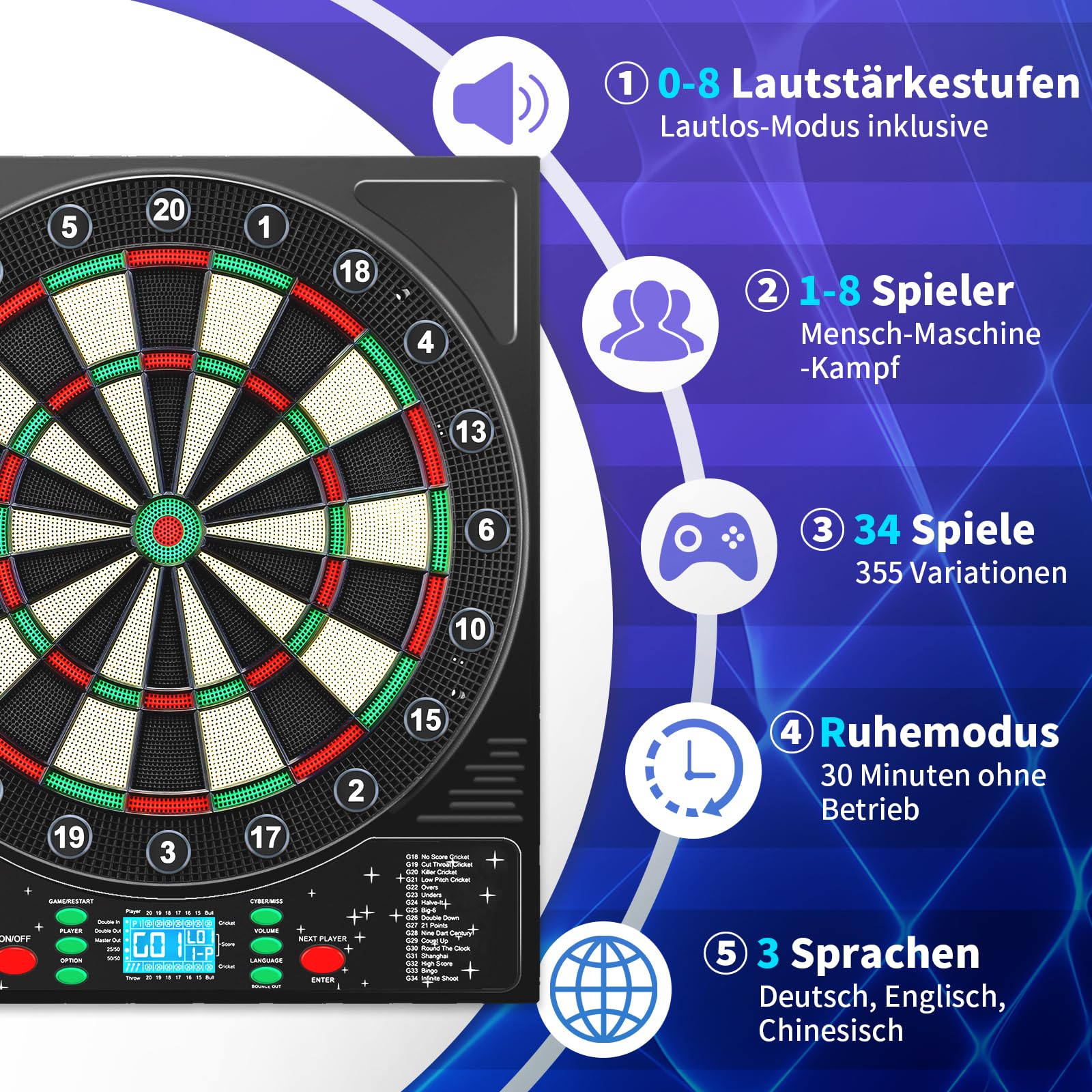 Dartscheibe Elektronisch Profi mit Deutsche Stimme&12 Dartpfeil, Elektronische Dartscheibe mit LCD-Bildschirm, 34 Spiele&355 Variationen, E Dartscheibe Elektronische Dartboard für 1-8 Spieler