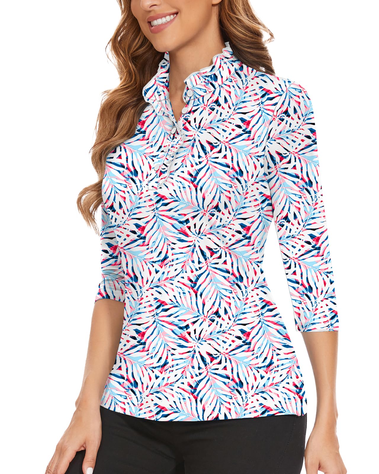 Soneven Bluse Damen Elegant Hemd 3/4 Ärmel Golf Poloshirt Damen Langarm Lady Office Hemdbluse Sommer Rüschen Stehkragen Oberteile