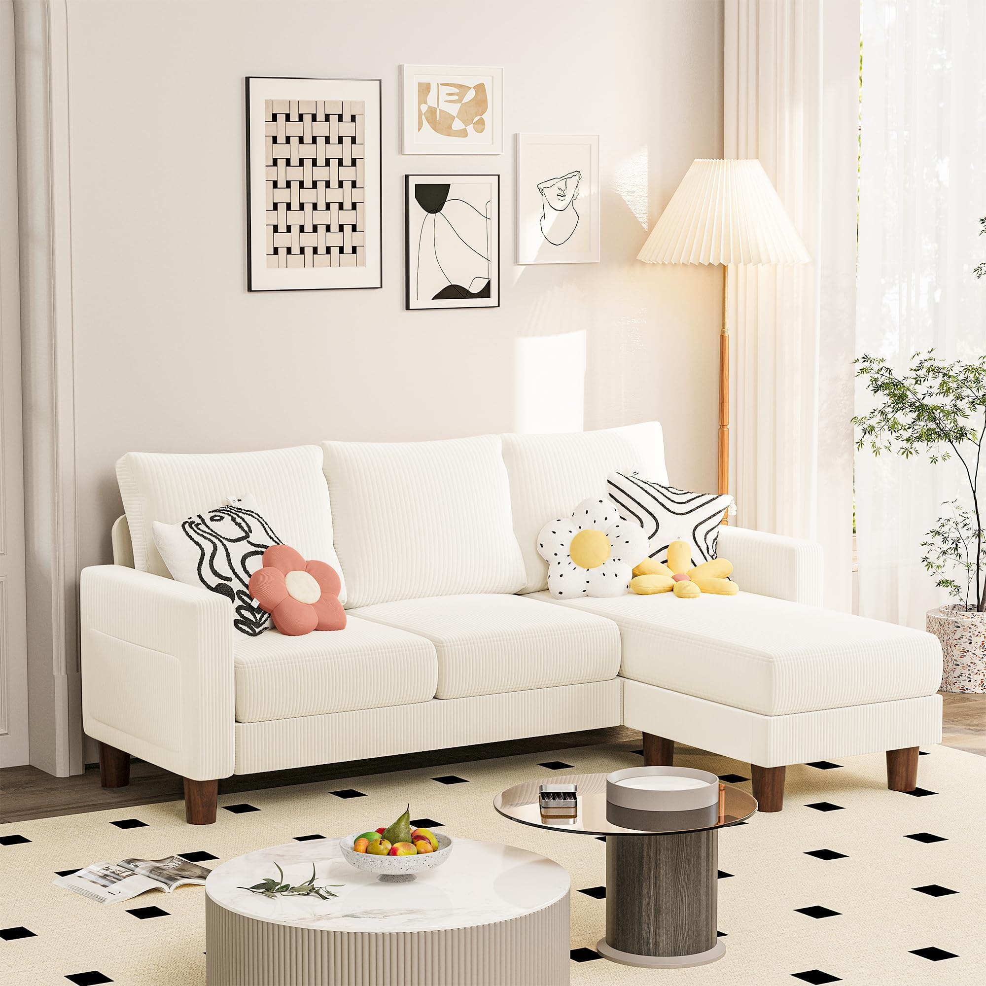 JUMMICO Couch for Small Living Room, 72" Small Sofa with Reversible Ottoman, 3 Seat L-Shaped Sofas, Comfy Couches for Apartment (Corduroy, Cream)