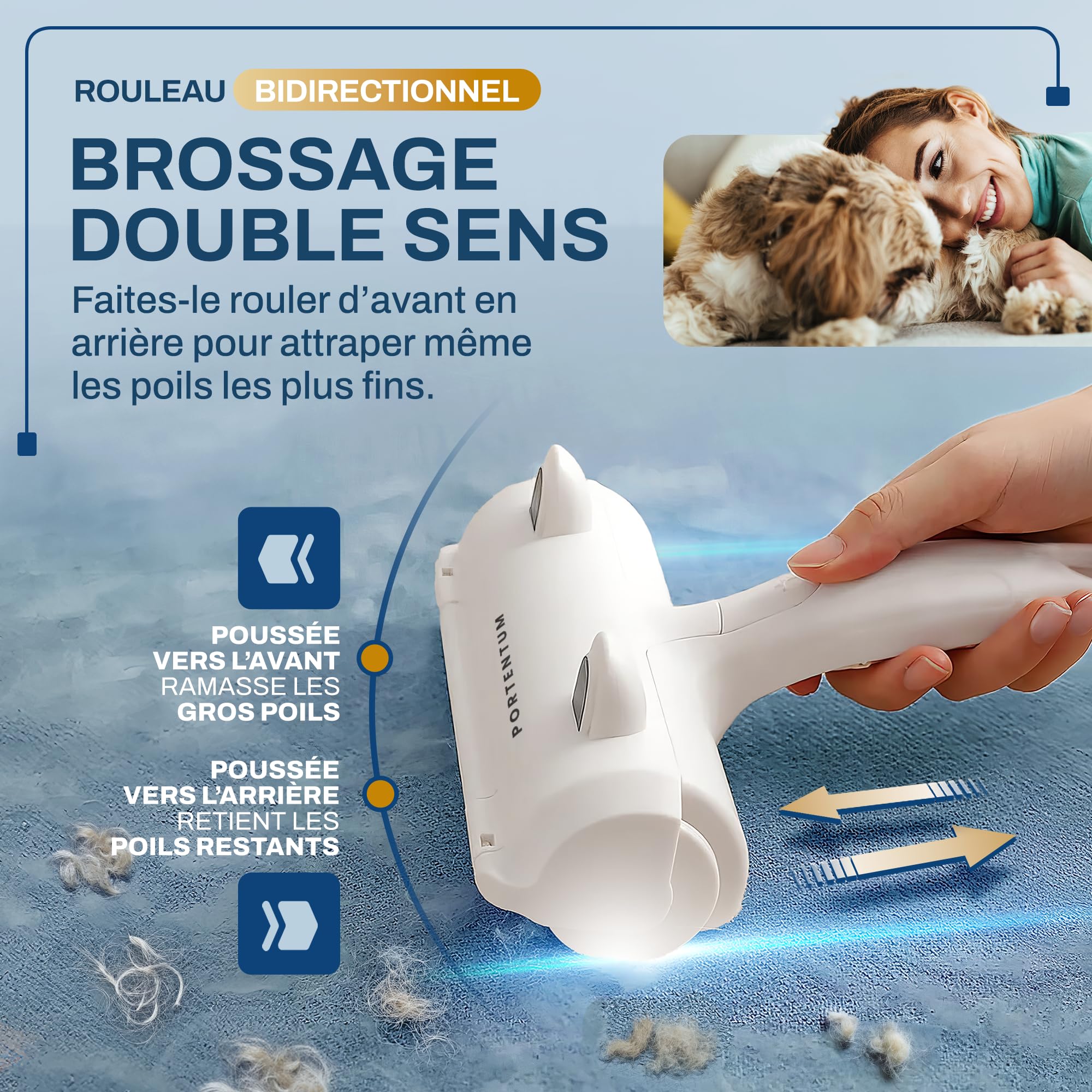 PORTENTUM Brosse Chat Anti Poils Animaux Chien, Brosse Ramasse Enlève Poils, Magique Réutilisable pour Poils, Rouleau à Poils d'animaux, Épilateur pour Canapé, Arbre à Chat, Voiture, lit, Tapis,Panier