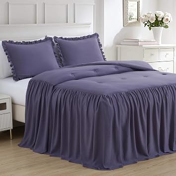 Chezmoi Collection Sinclair 3-Piece Ruffle Skirt Bedspread Set - Soft Lightweight Crinkle Texture Microfiber Bedding - French Country Chic Farmhouse - Full, Dusty Purple