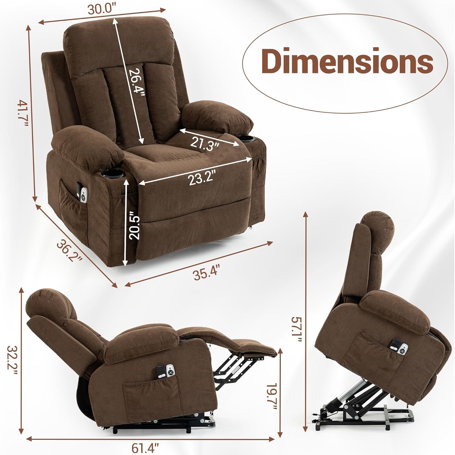 Living Room Bedroom Electric Single Sofa with 8 Vibration Massage Brown Power Lift Recliner Chair Cup Holder and USB Charge Port Heat for Elderly