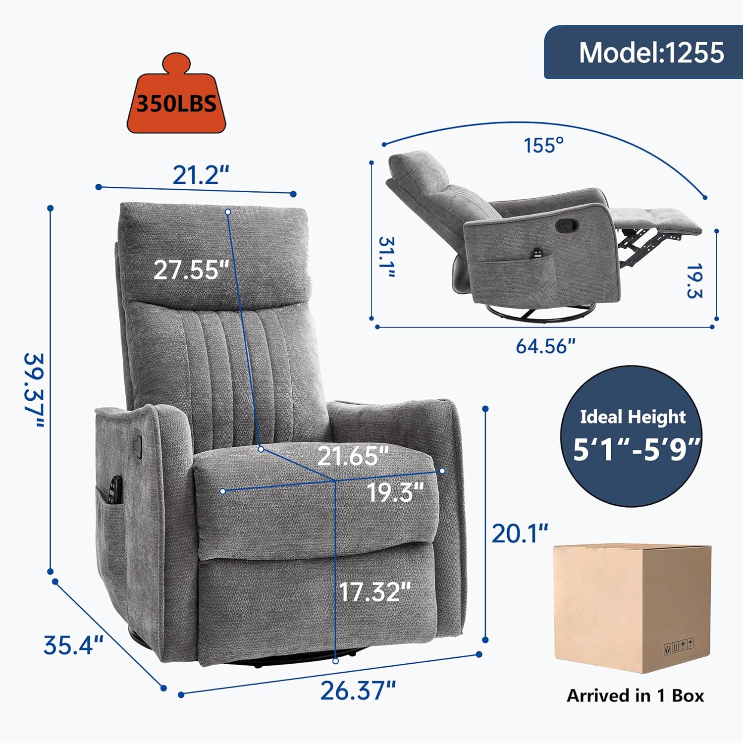 High Back Massage Recliner with Heat - Swivel Rocking Chair for Small Spaces, Manual Lazy Boy Recliner for Adults, Perfect for Living Room & Bedroom, Soft Fabric (Dark Gray)