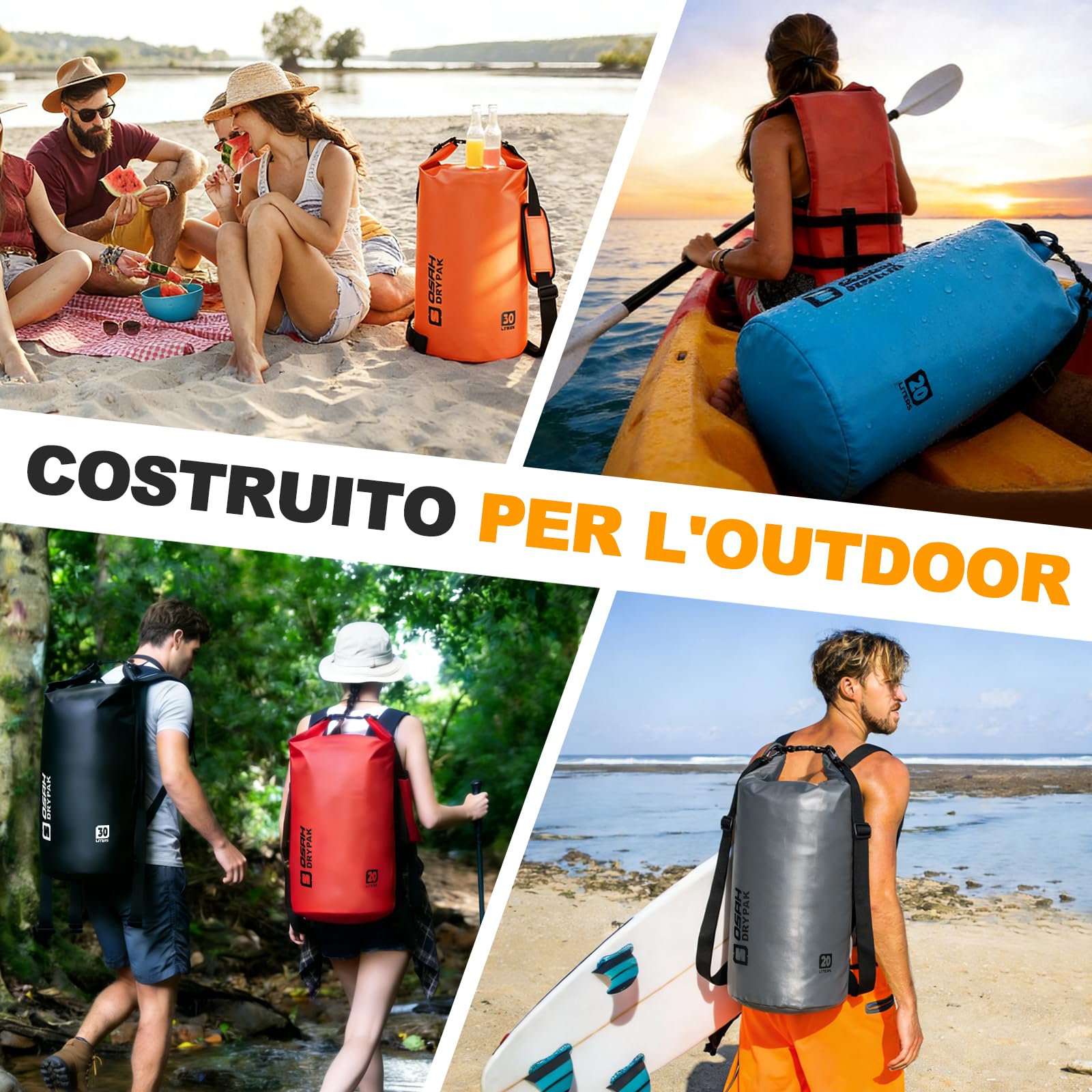OSAH DRYPAK Dry Bag Borsa Impermeabile Mare 5L/10L/20L/30L/40L Sacca Impermeabile con Spallacci e Custodia Impermeabile per Telefono per Sport Acquatici, Kayak, Pesca, Campeggio