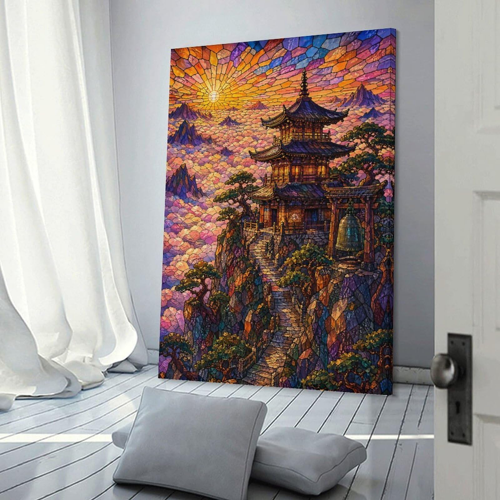 Junmoney Stained Glass Pagoda Above Clouds Wall Art Print 16x24inch(40x60cm), for Art Walls, Layered Displays Or Homes, Wall Decor Suited to Curated Displays