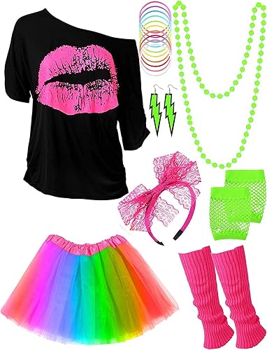 Blulu Halloween 80s Costume Accessories Set T-Shirt Tutu Headband Earring Necklace Leg Warmer