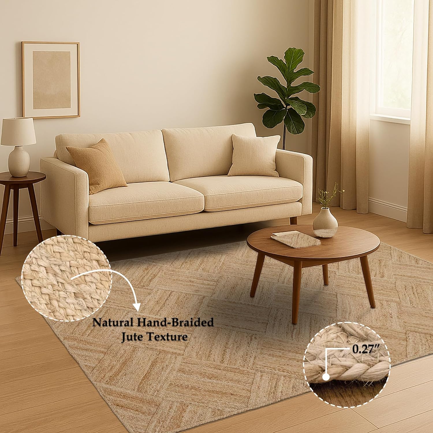 5x8 Hand-Braided Jute Area Rug – Natural 0.27" Thick Flatweave Carpet | Solid Beige Sisal-Jute Handmade Boho Farmhouse Rug for Living Room, Bedroom & Dining