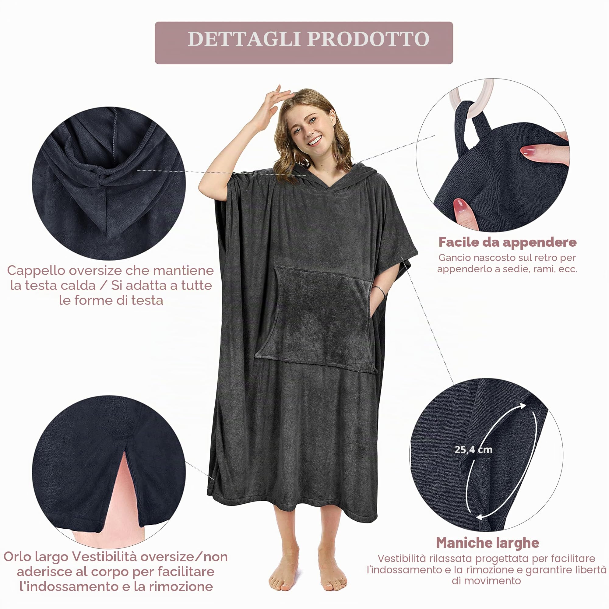 Kato Tirrinia Beach Surf Poncho con tasca, in neoprene assorbente, con fasciatoio, asciugamano poncho, per surf, nuoto, per adulti, uomini e donne