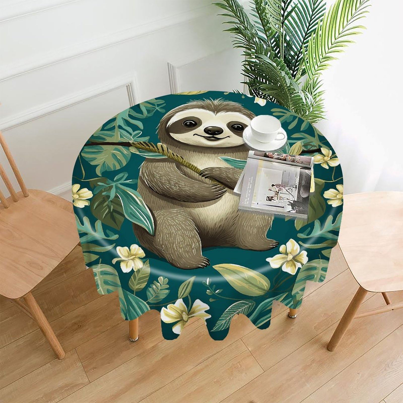 VstaDank Adorable Sloth Tablecloth Easy to Clean Polyester Round Table Cover Washable Round Table Cloth Wrinkle-Free Circle Decoration Tablecloth for Kitchen Dining Room 60"