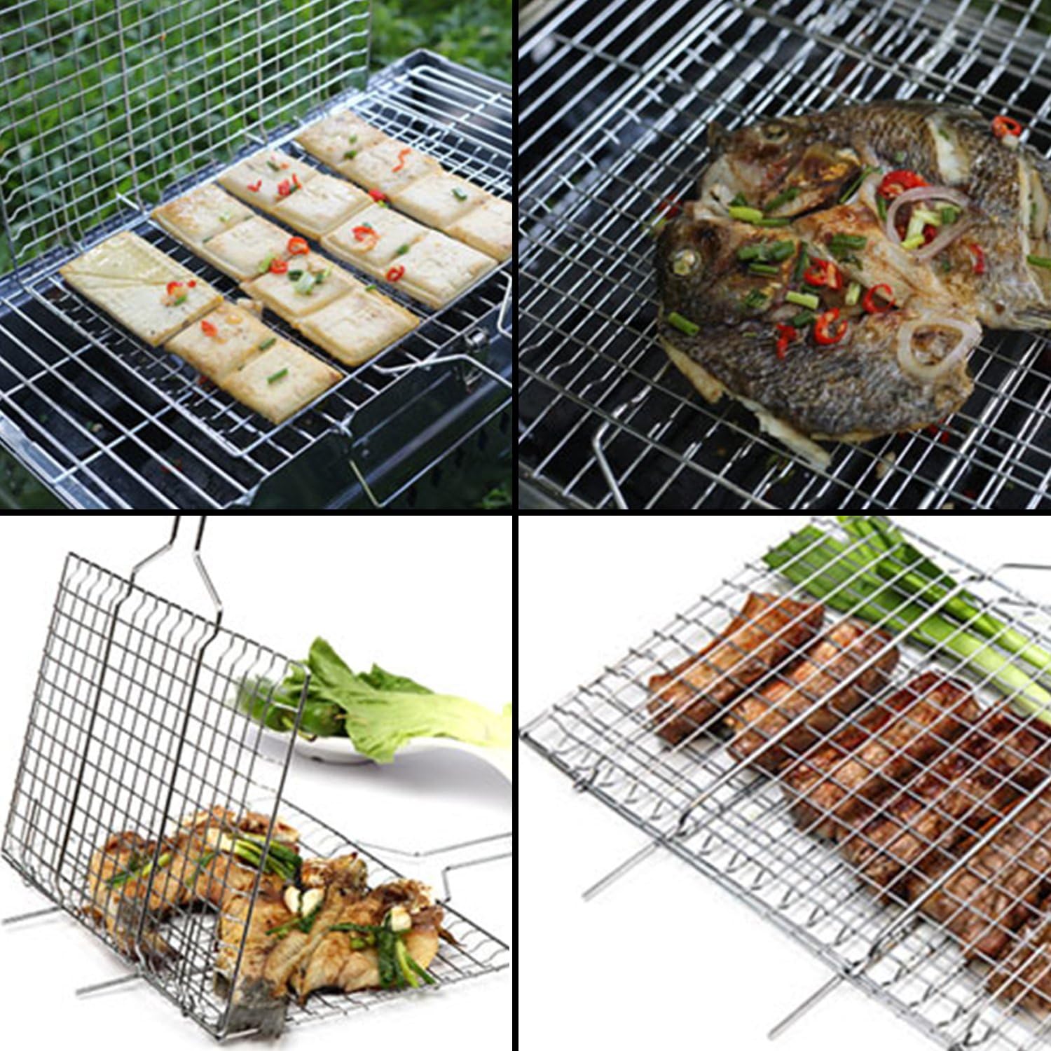 WolfWise Portable Grilling Basket BBQ Barbecue Tool Work for Fish Vegetable Steak Meat Shrimp Chops, Made of Durable 430 Stainless Steel, Medium