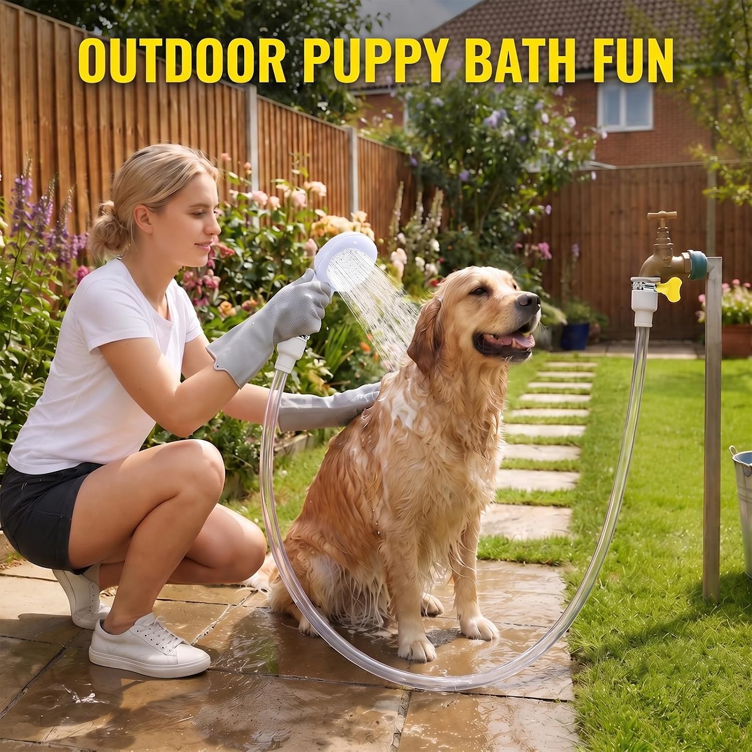 Dog Shower Hose Attachment for Bathtub Faucet 6.5FT - Anti-Burst & Slip-Proof Design, Fits Round Faucets Only, Tool-Free Install with Pet Bathing Gloves & Hooks for Sink, Outdoor