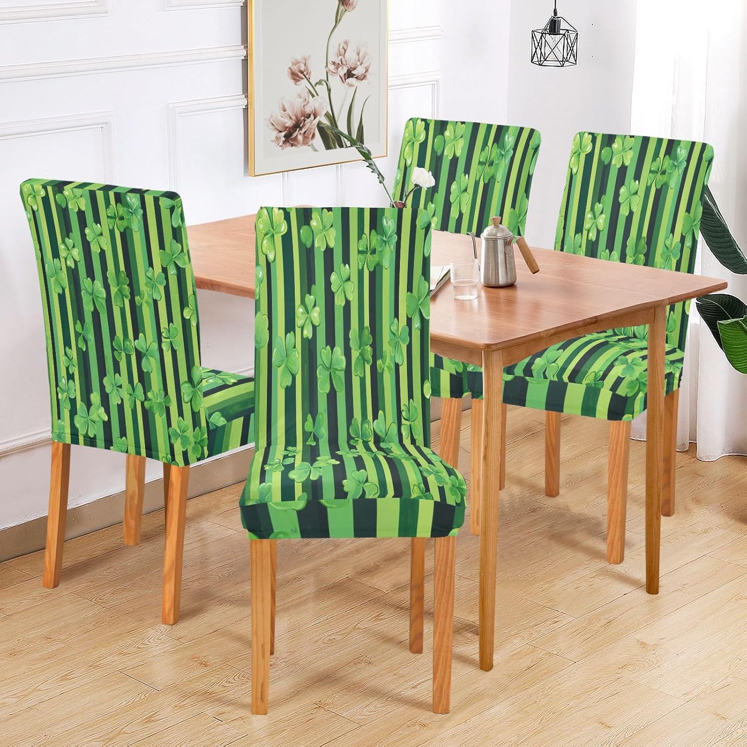 ALAZA Chair Covers for Dining Room, St. Patricks Day Clover Leaves Green Stripes Stretch Chair Cover Sets Chair Protector Removable Washable for Ktichen Restaurant Hotel