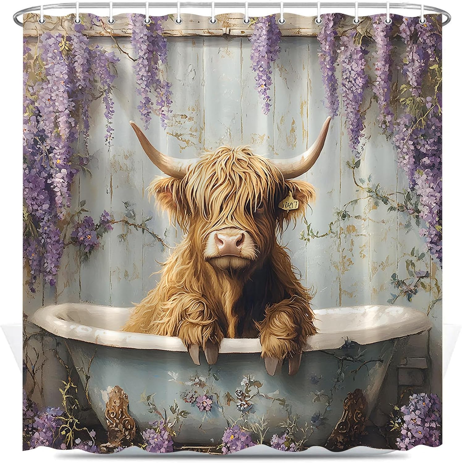 Highland Cow Shower Curtain Wisteria Rustic Purple Floral Farmhouse Animal Country Western Flower Vine Abstract Art Bathroom Decor Set Polyester Fabric with Hooks 70X88 Inch