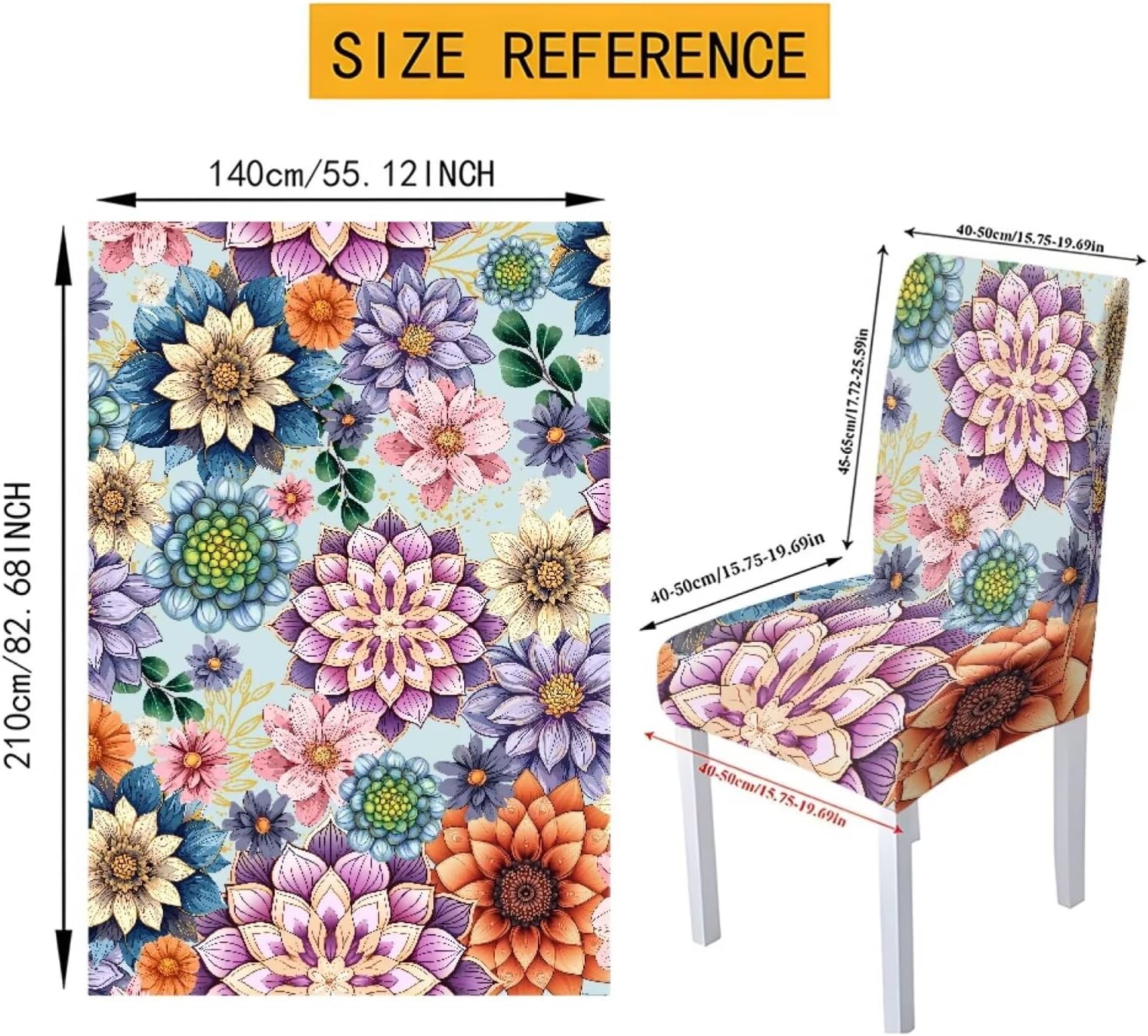 Dining Tablecloth Rectangle 6 Seater and Dining Chair Covers Set, Stain Resistant Anti-Wrinkle Table Cloth Anti-dust Anti-Scratch Parsons Chair Slipcovers, Boho Mandala Floral Print